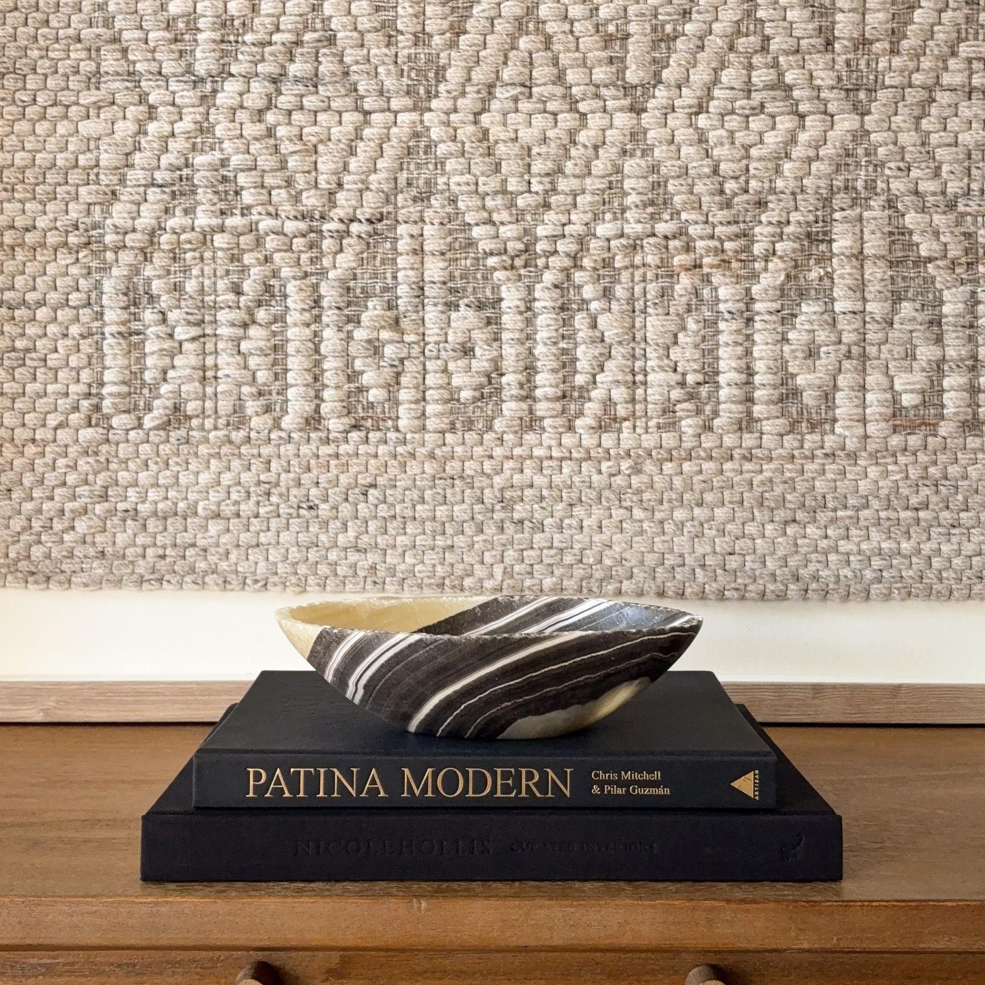 Handcrafted zebra onyx bowl centerpiece with organic stone patterns