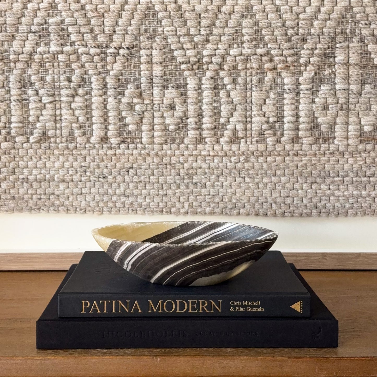 Hand carved zebra onyx stone bowl in earthy brown and cream tones