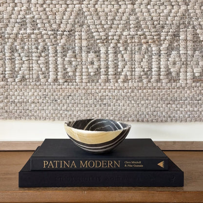 Artisan carved zebra onyx bowl for home decor or crystal display