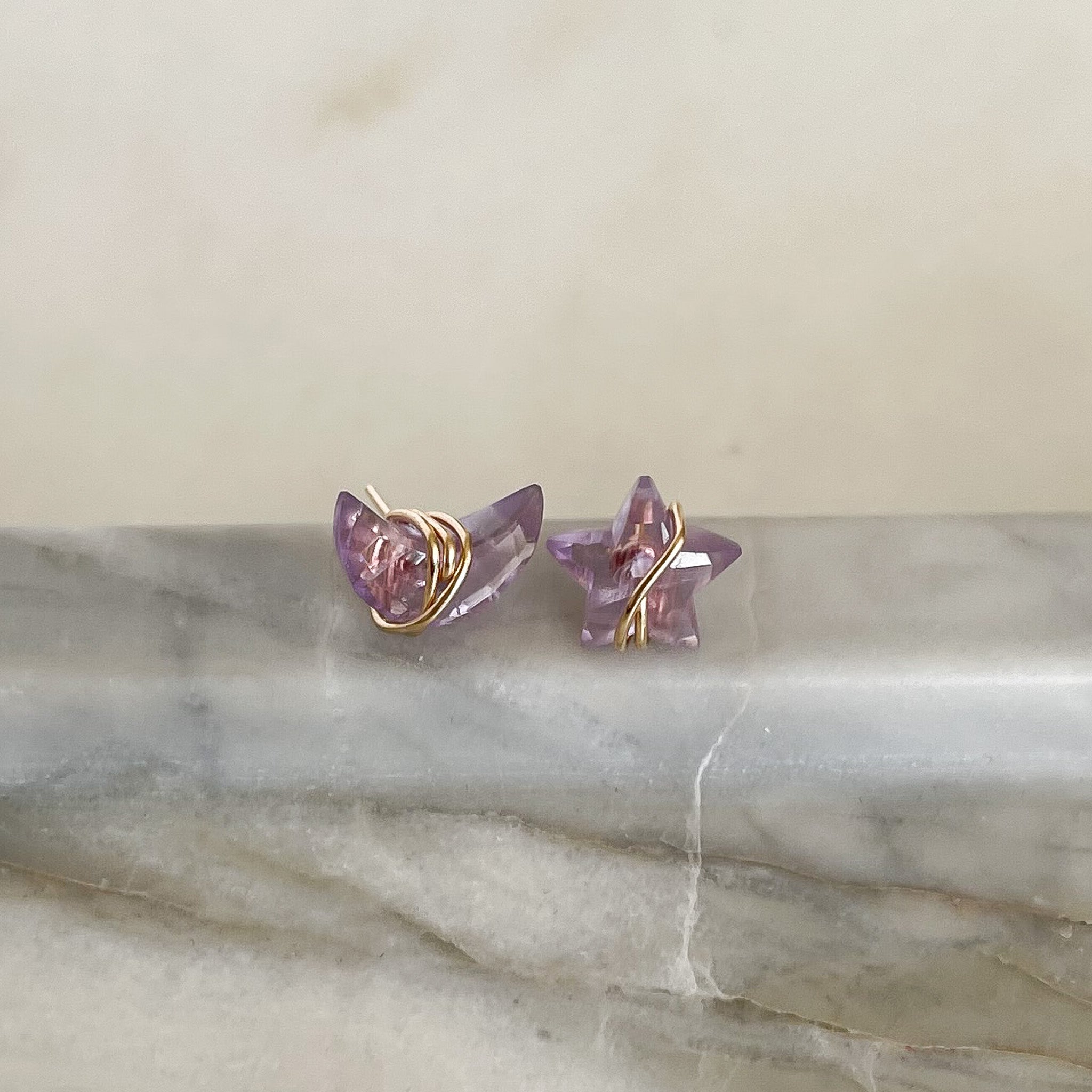 amethyst crystal moon and star stud earrings