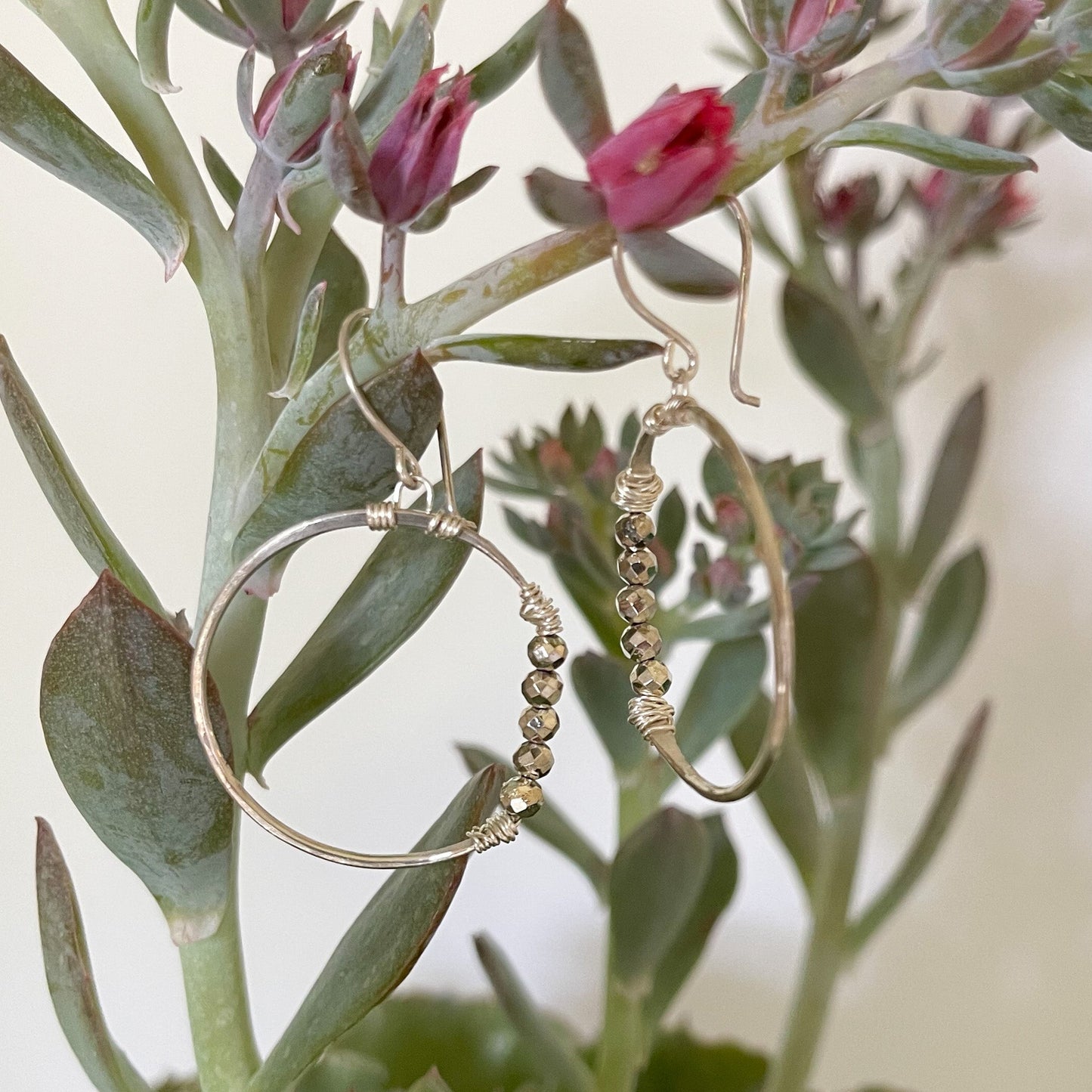 Sterling Silver Pyrite Hoop Earrings, Boho Earrings, Modern Minimal Hoop Earrings 