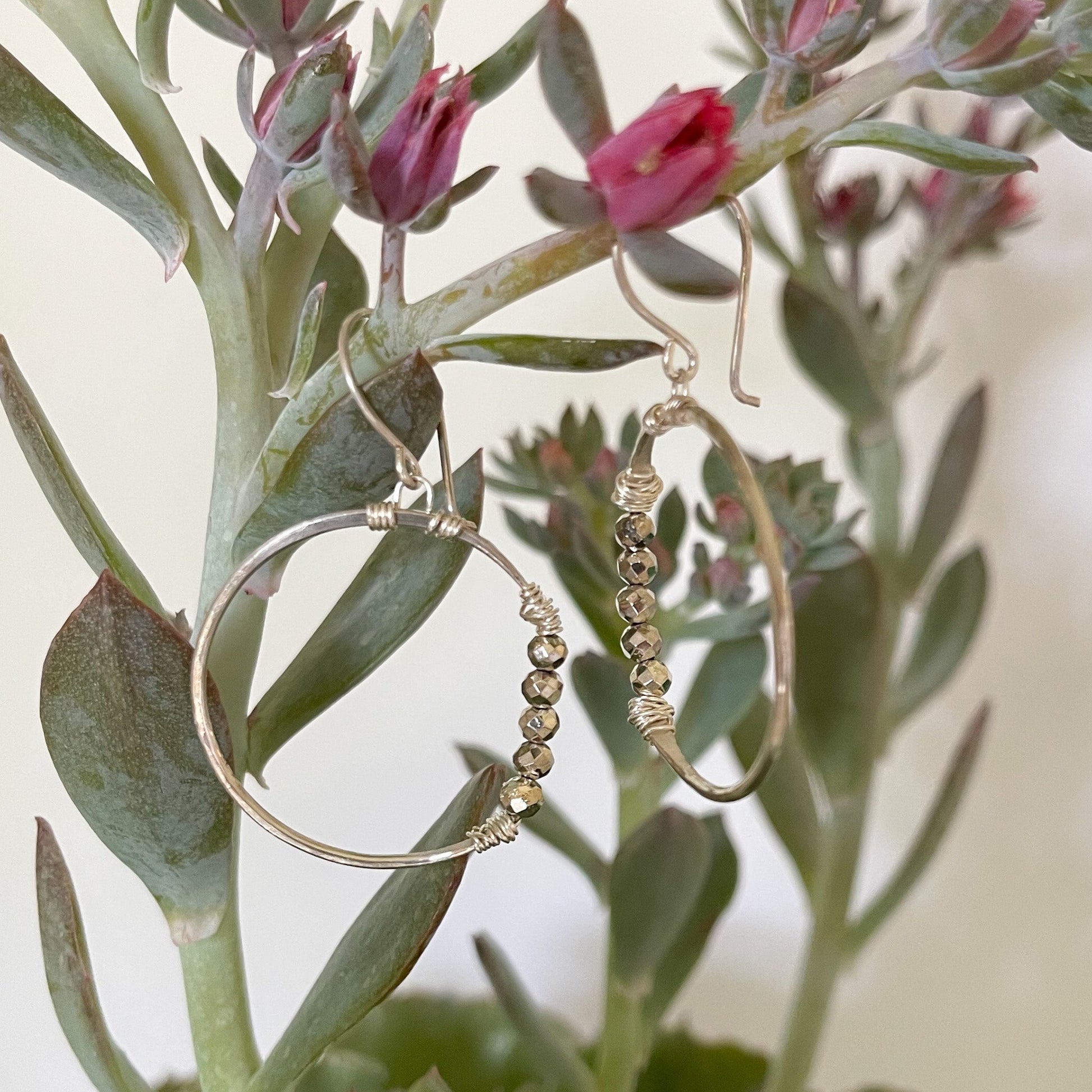 Sterling Silver Pyrite Hoop Earrings, Boho Earrings, Modern Minimal Hoop Earrings 