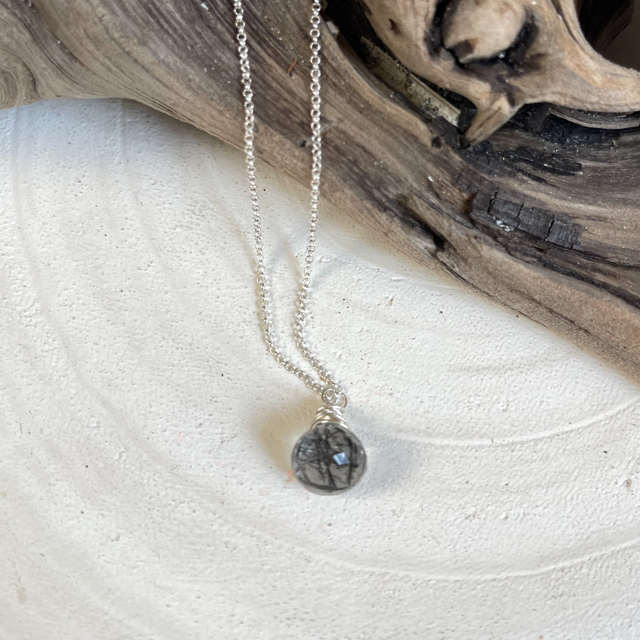 Black Rutilated Quartz Silver Necklace, Dainty Gemstone Necklace