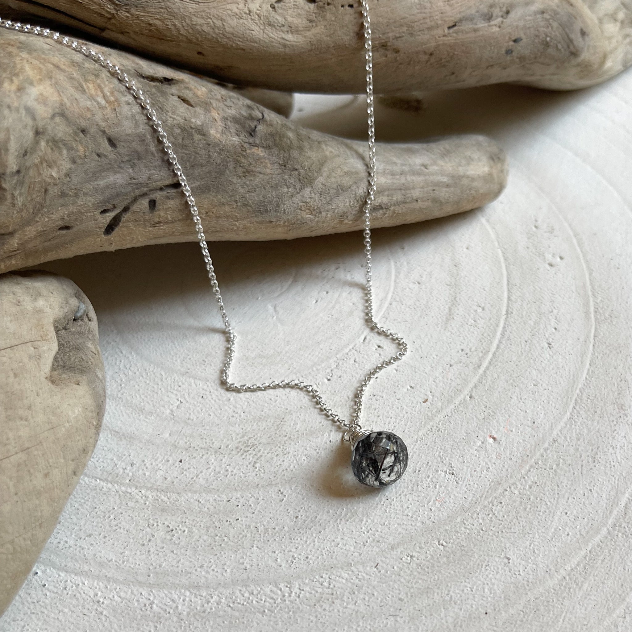 Black Rutilated Quartz Silver Necklace, Handmade Quartz Necklace