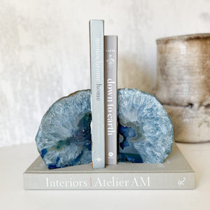 blue agate geode bookend pair, natural stone bookends