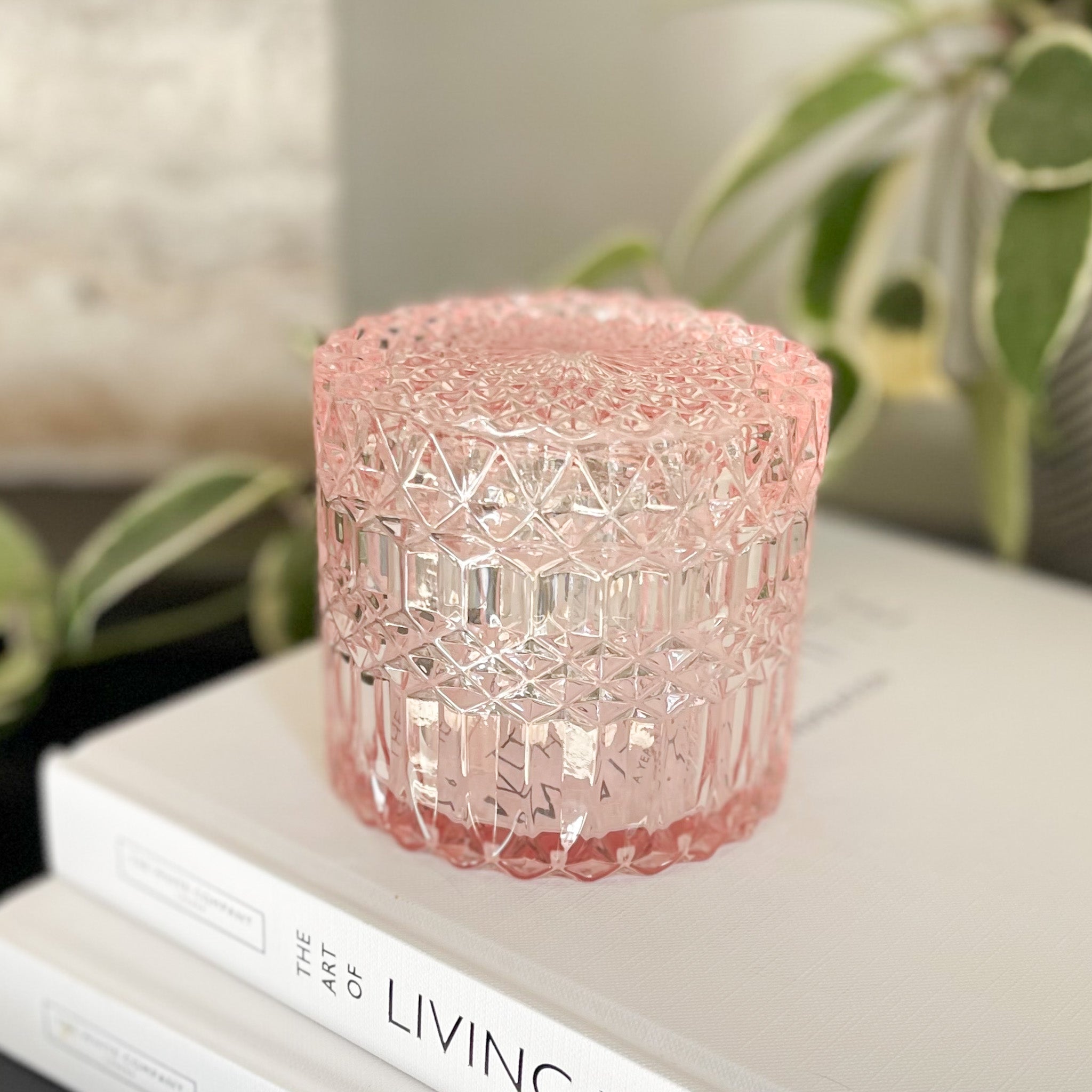 pink cut glass round dish with lid