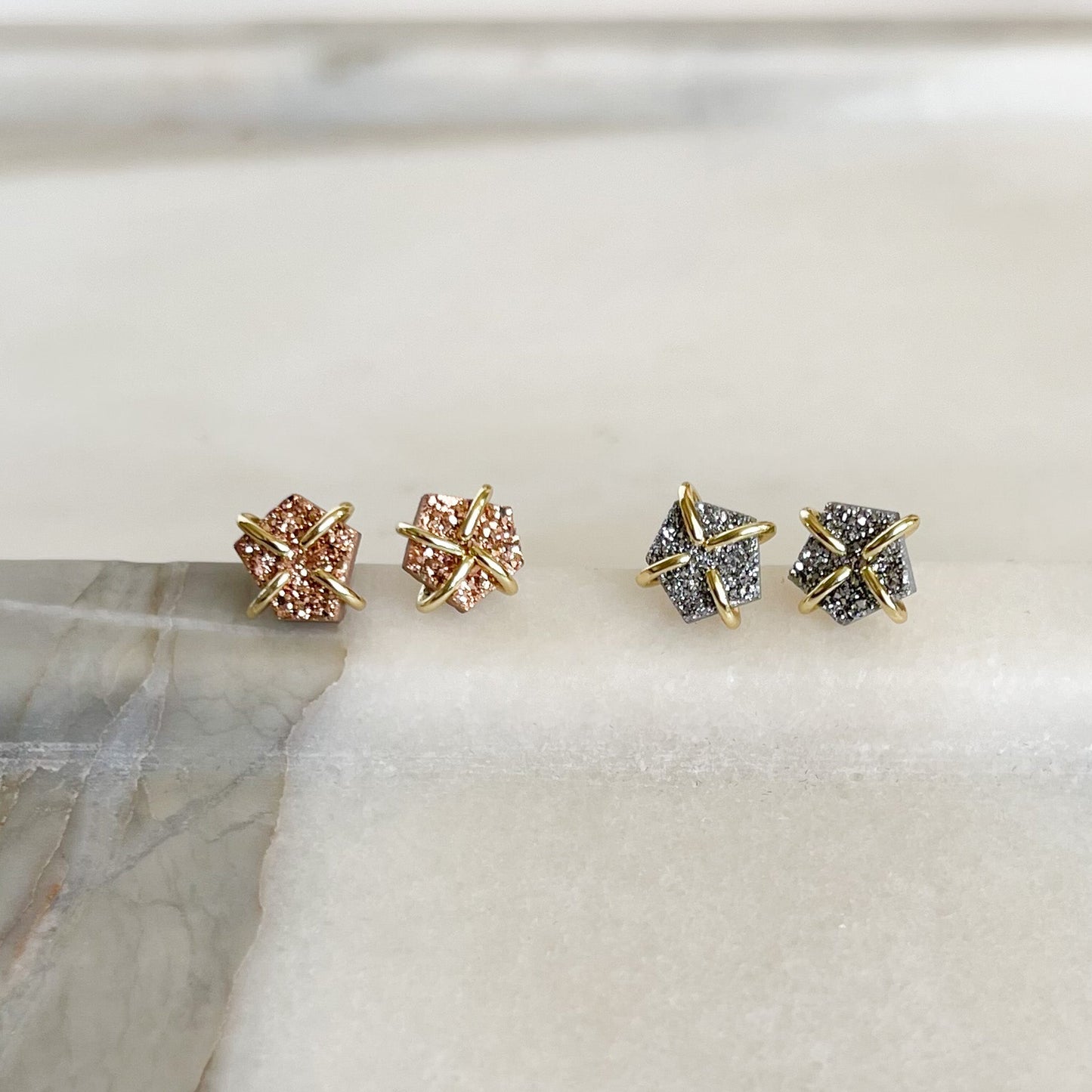 sparkle stud earrings, rosegold druzy stud earrings, silver druzy prong earrings
