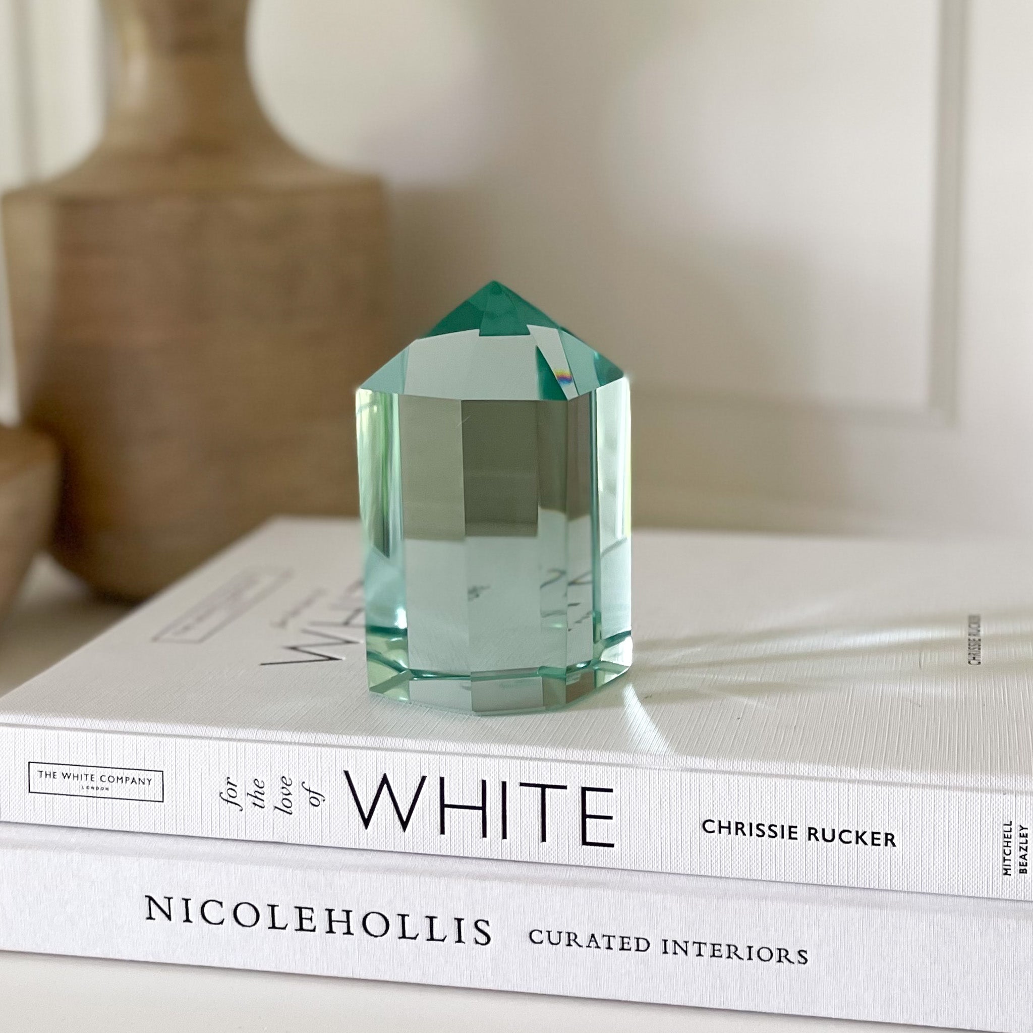 Faceted Green Glass Point, Modern Rustic Home Decor, Modern Rustic Bookshelf Decor