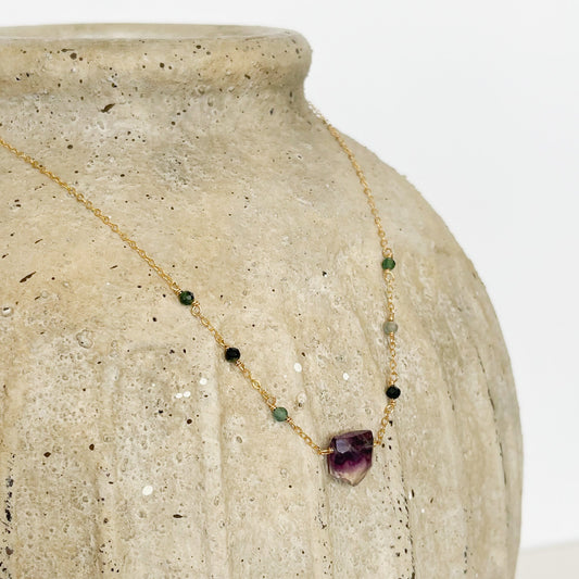 fluorite and tourmaline gold penadnt necklace
