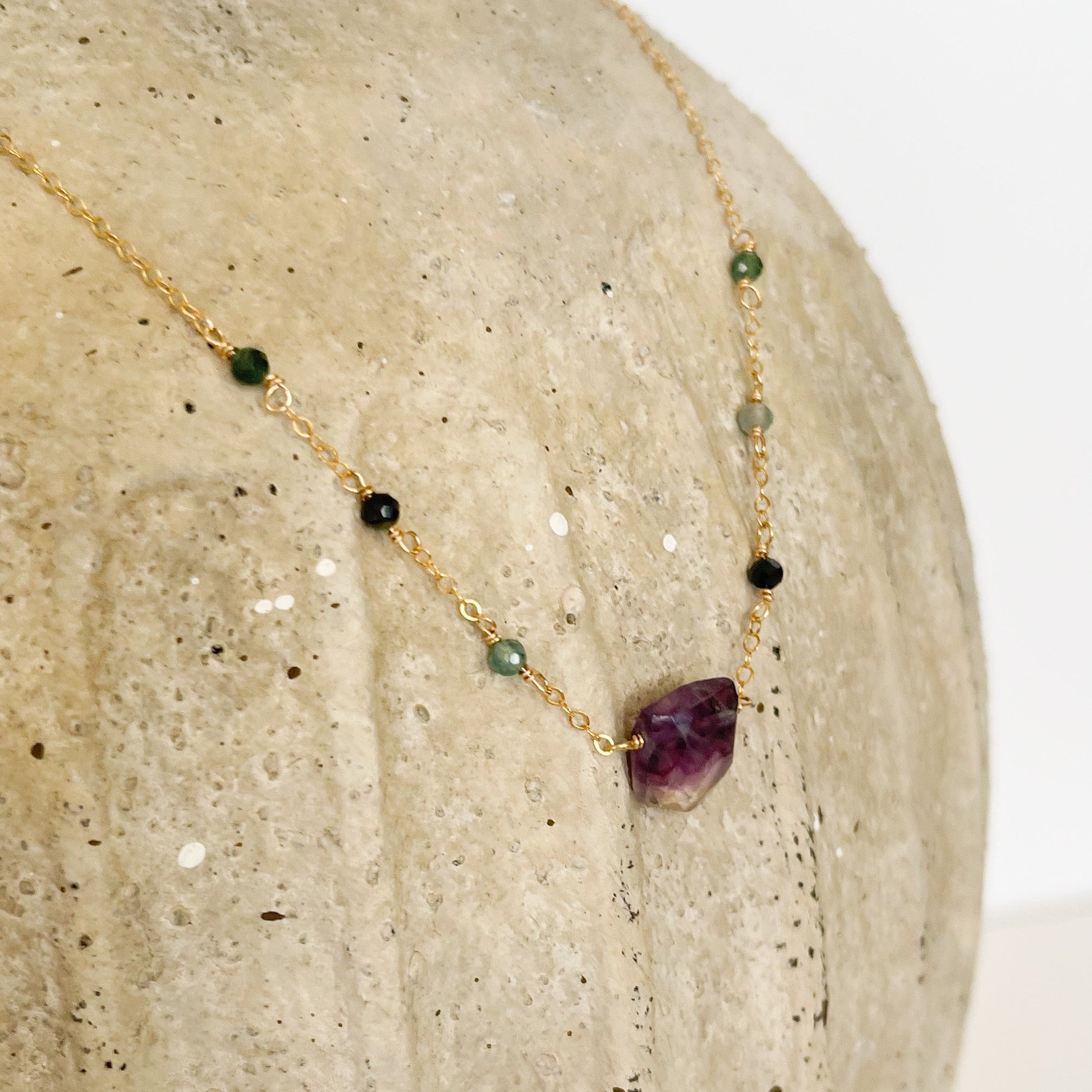 gold fluorite necklace, purple crystal necklace
