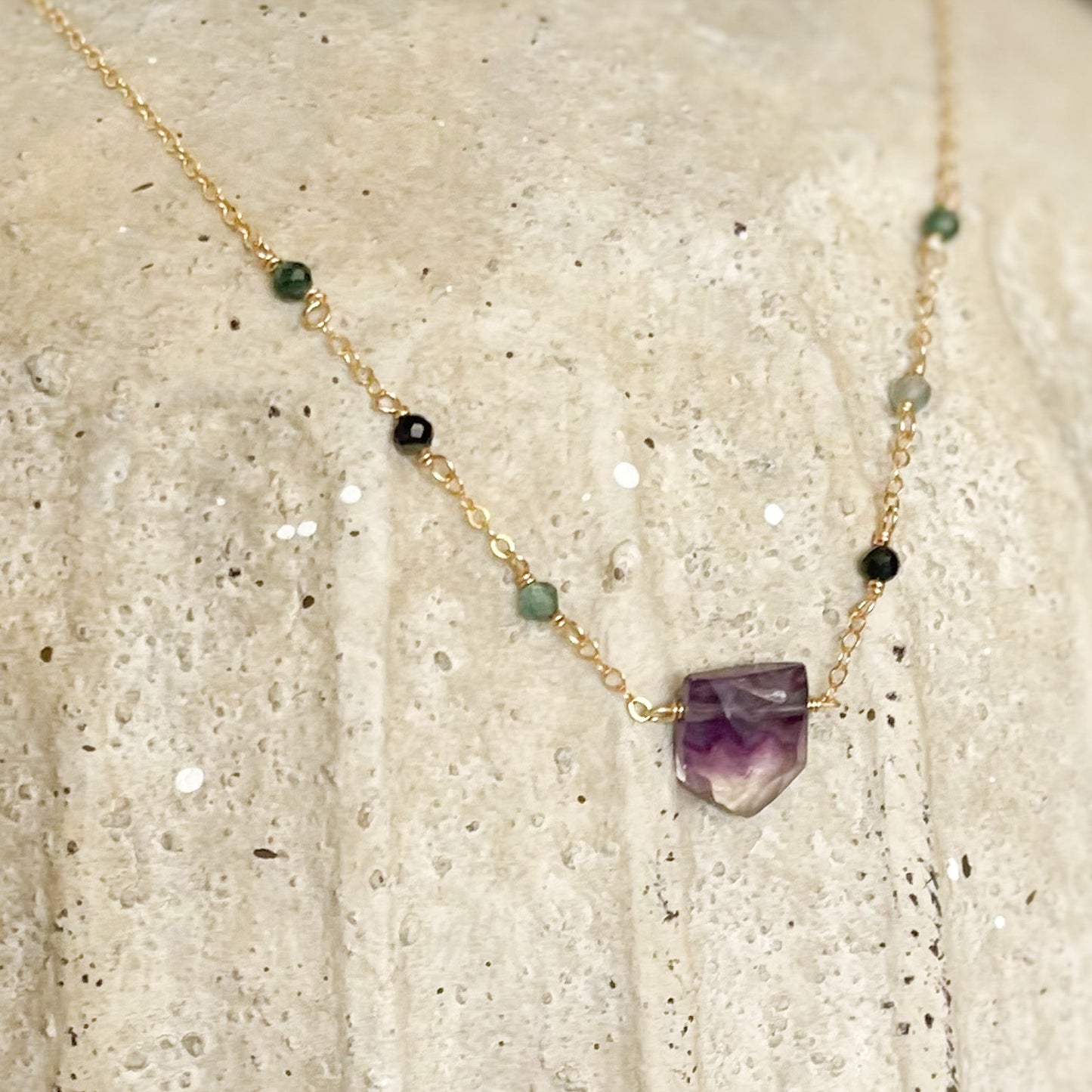 gold fluorite nad tourmaline gemstone necklace