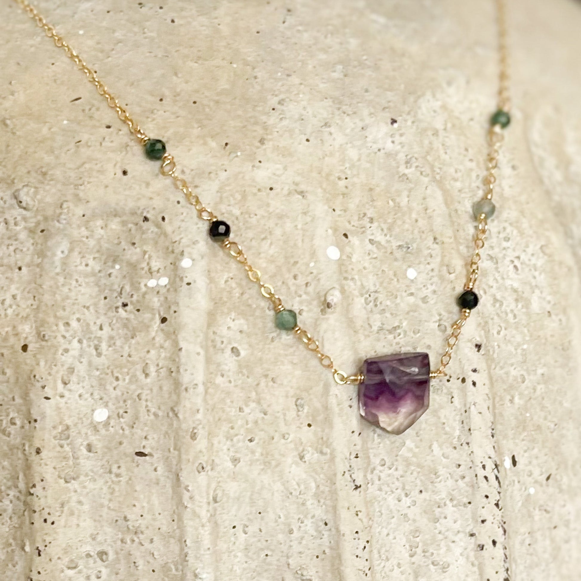 gold fluorite nad tourmaline gemstone necklace