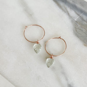 green amethyst palm leaf rose gold hoop earrings