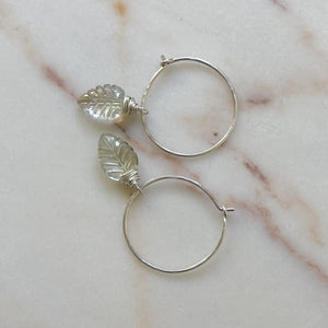 Open image in slideshow, Silver Green Amethyst Hoop Earrings, Green Amethyst Palm Leaf Earrings
