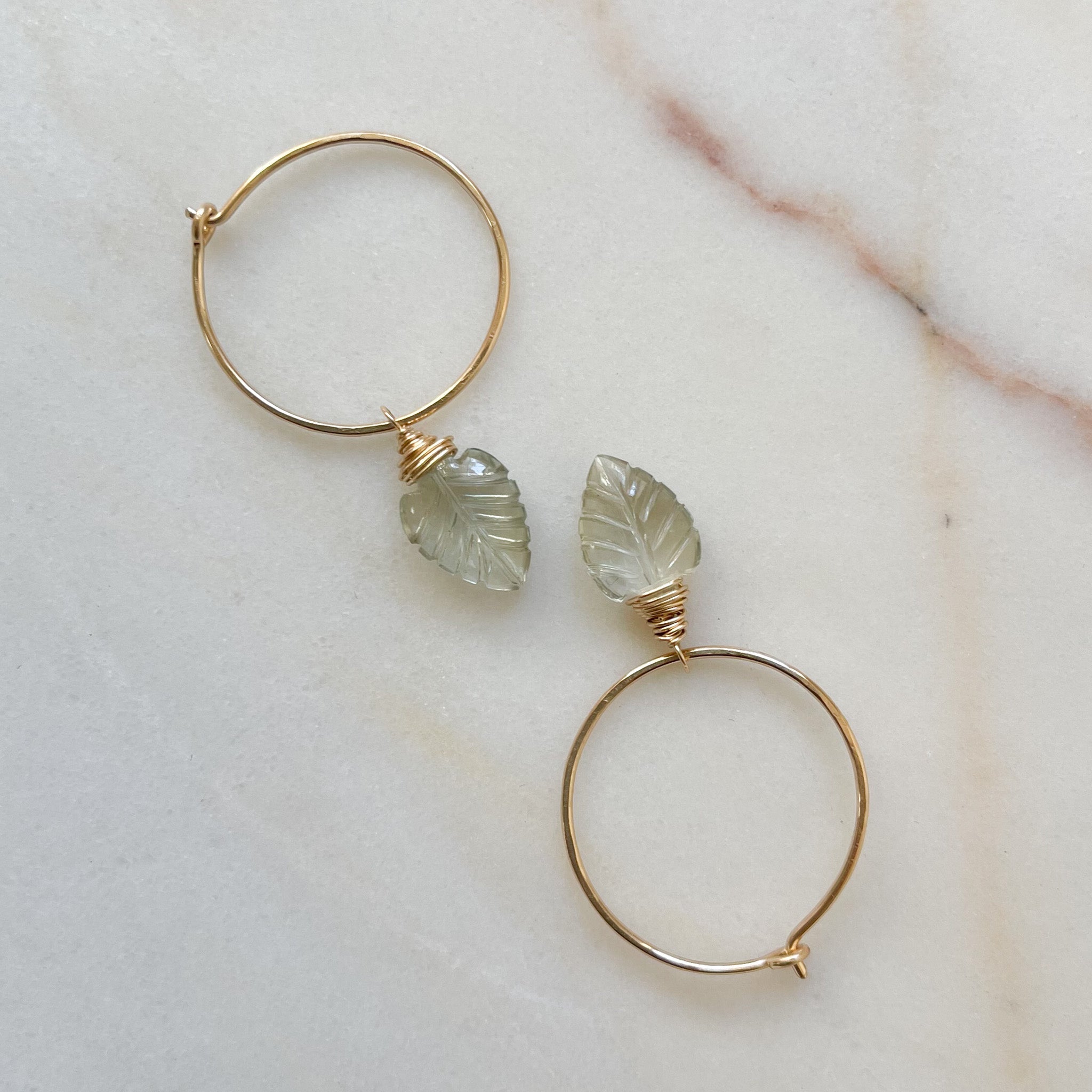 Gold Palm Leaf Green Amethyst Hoop Earrings, Boho Crystal Earrings