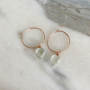 Open image in slideshow, green amethyst palm leaf rose gold hoop earrings
