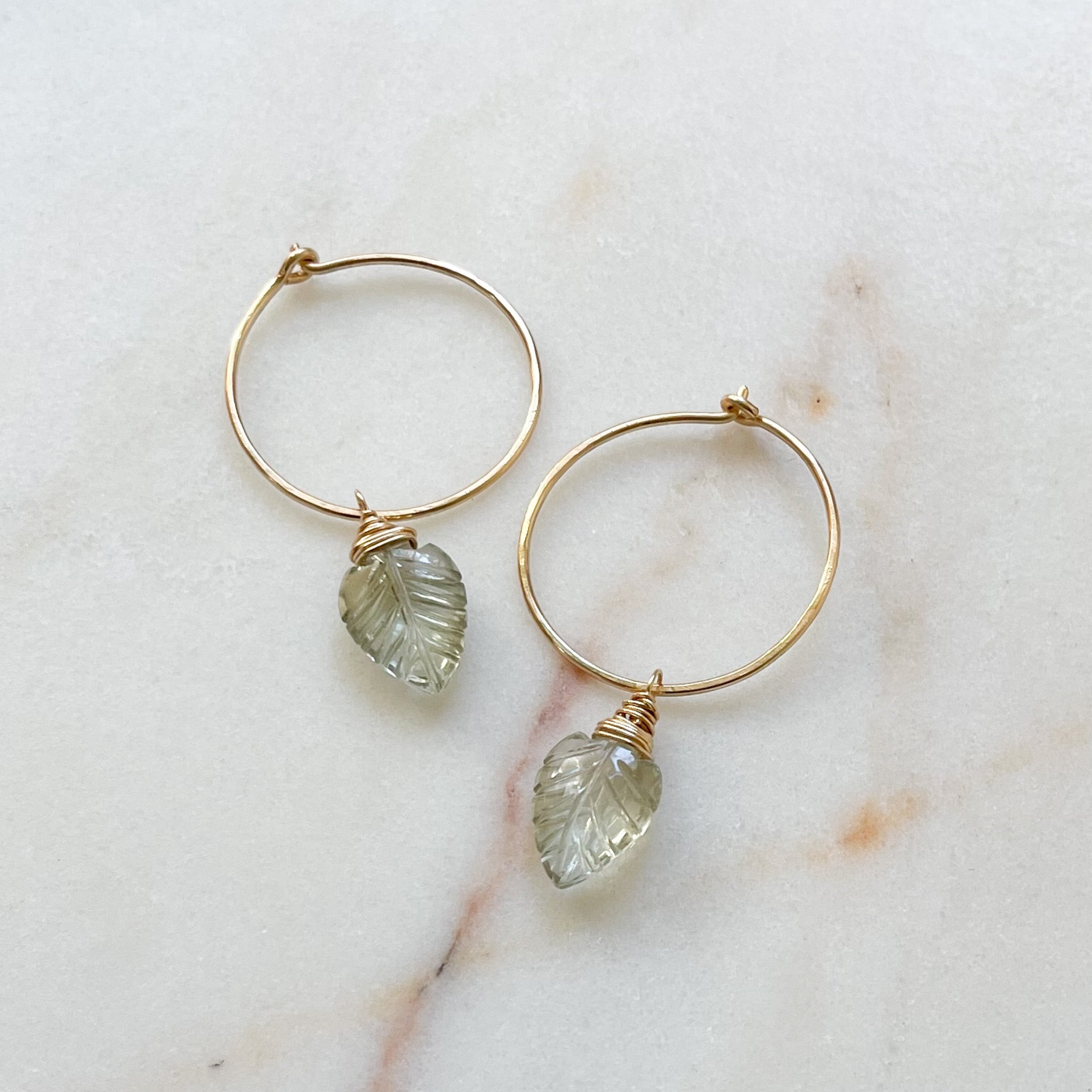 14k Gold Green Amethyst Earrings, Gold Praiolite Palm Leaf Earrings