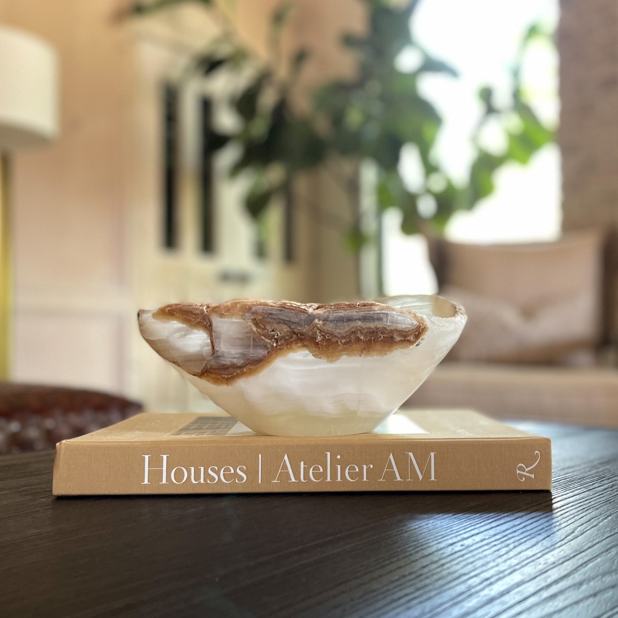 White and Brown Onyx Bowl, Decorative Onyx Bowl, Onyx Home Accents