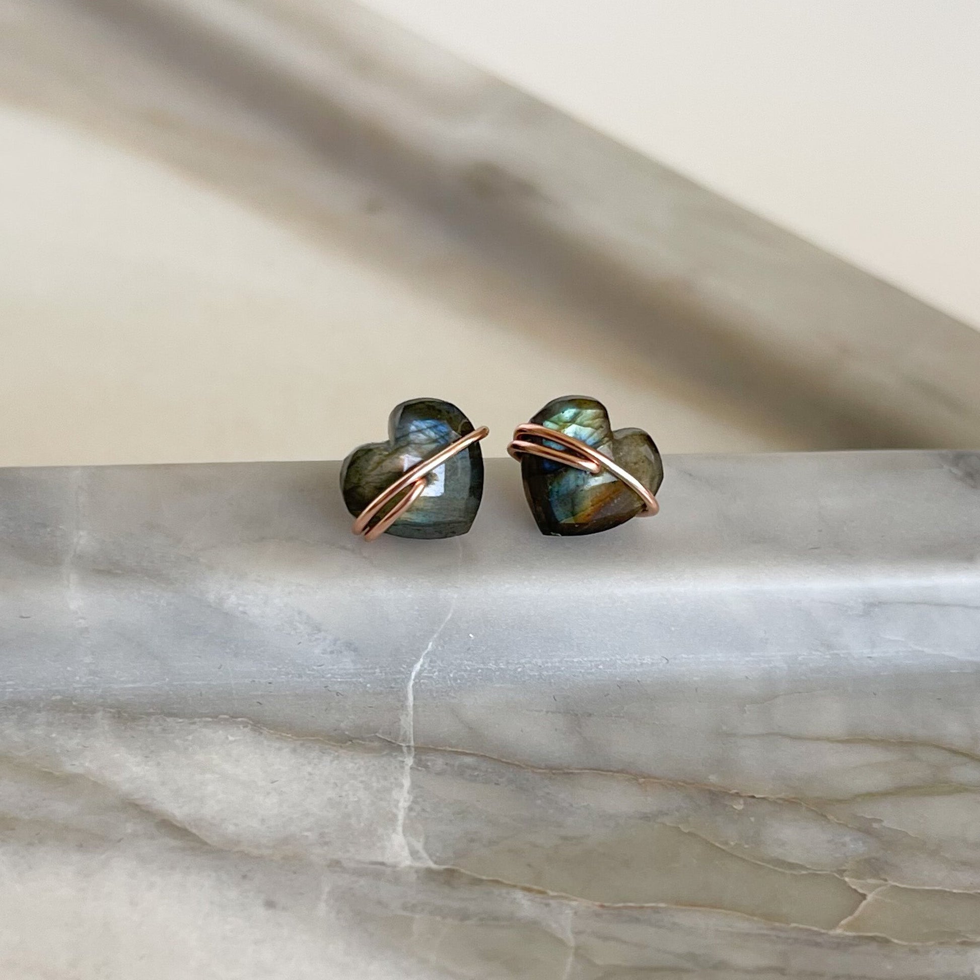 labradorite rosegold heart stud earrings