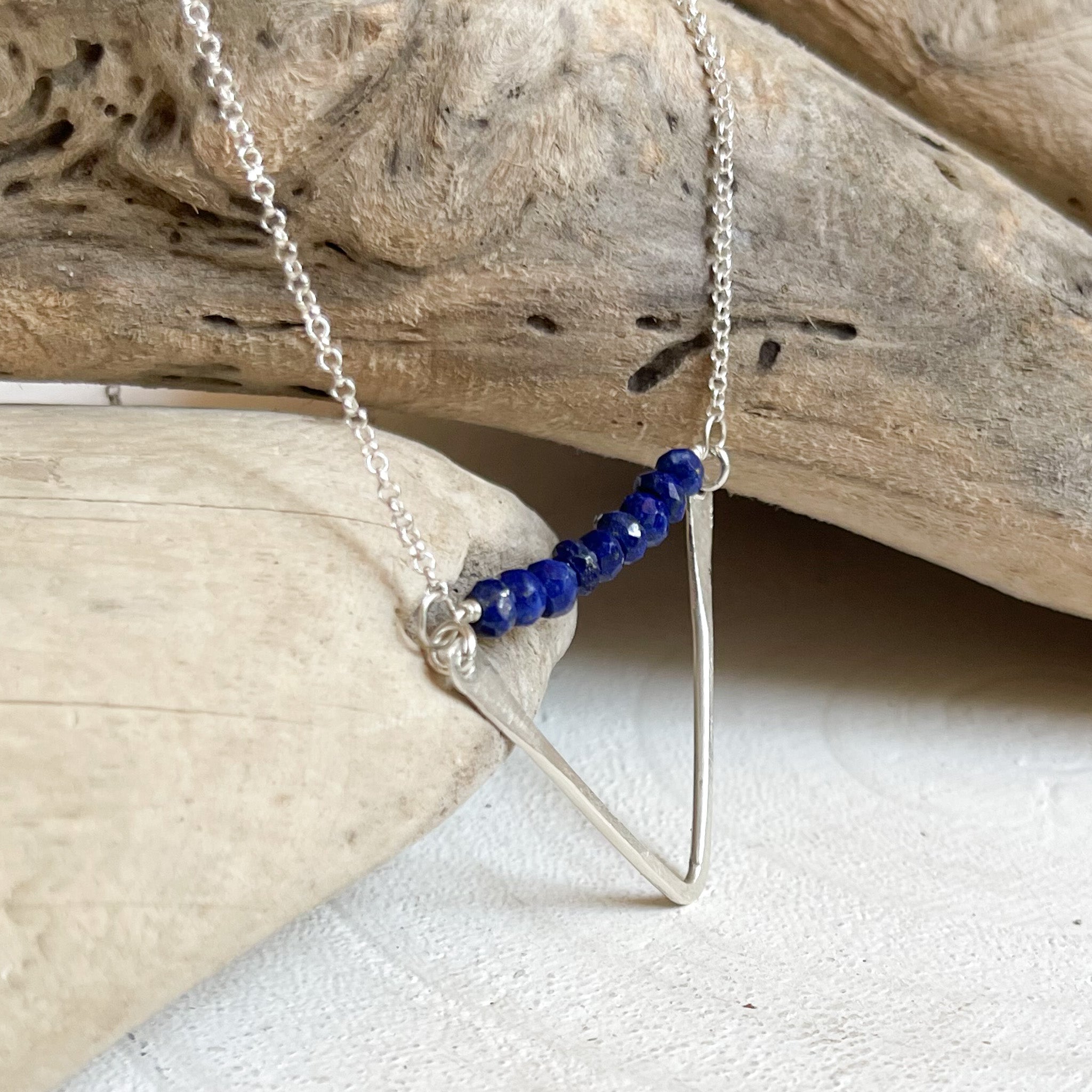Lapis Lazuli Silver Triangle Pendant Necklace, Handmade Lapis Necklace 