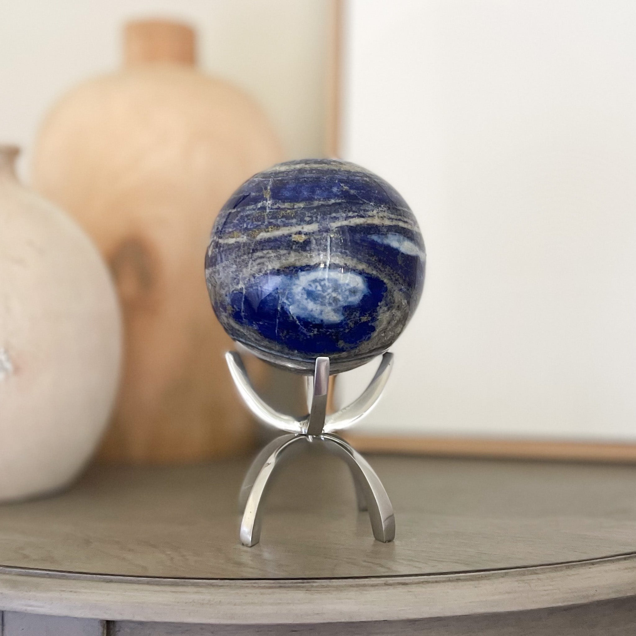 Lapis Lazuli Sphere on Stand, Entrywway Table Decor, Bookshelf Decor