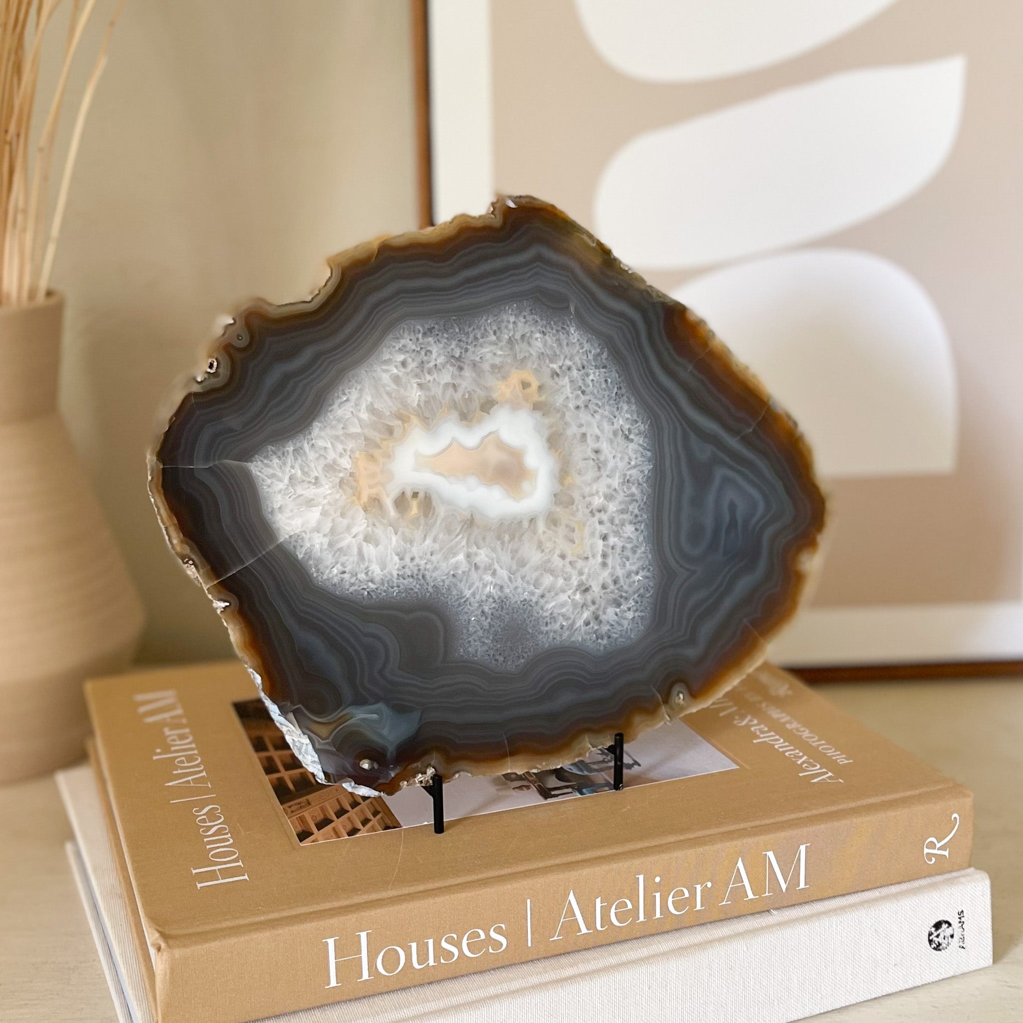 Large Natural Agate Platter, Agate Slab on Stand, Agate Decor
