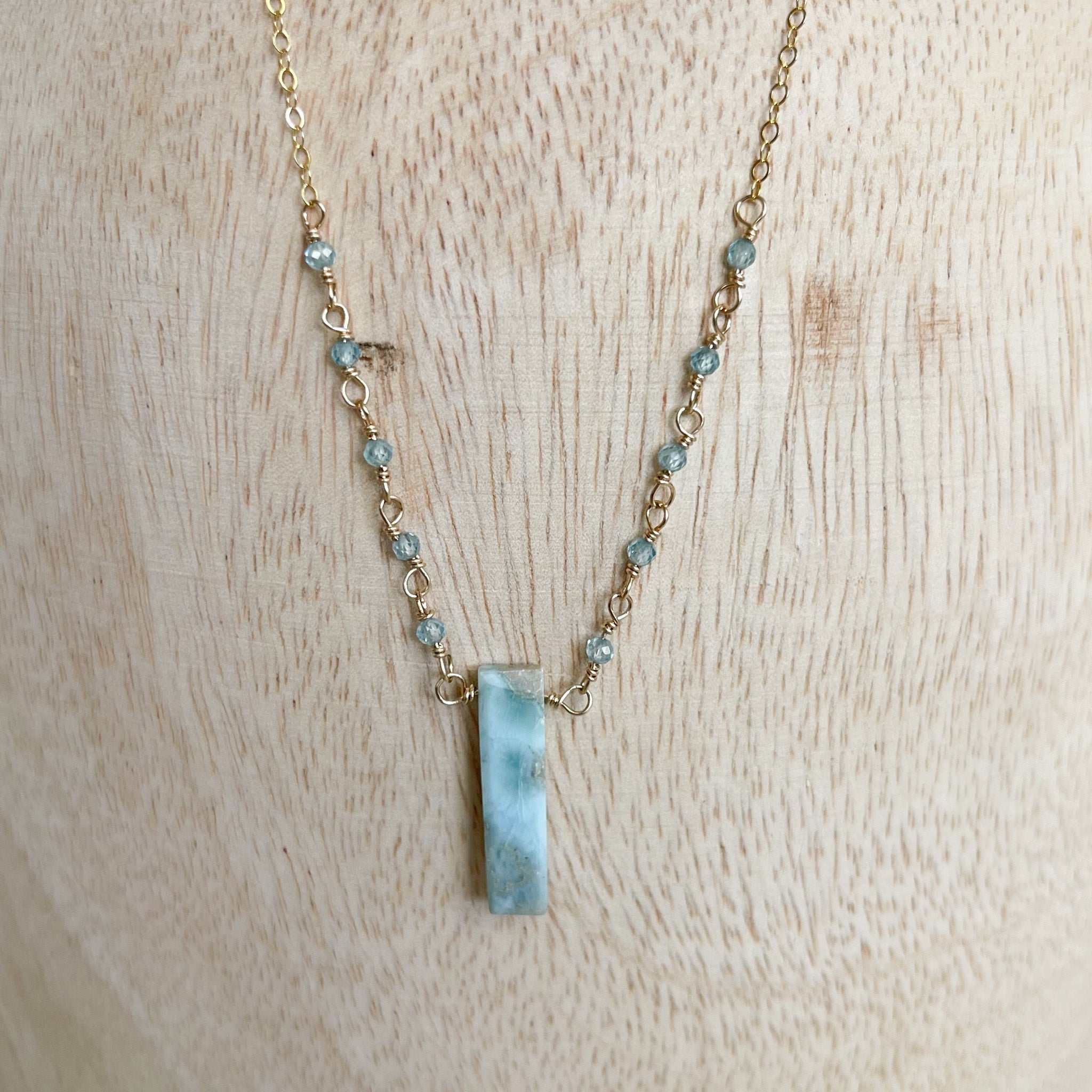 boho blue gemstone necklace, gold larimer jewerly