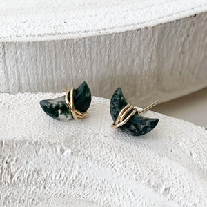 Moss Agate Crescent Moon Stud Earrings, Modern Crystal Earrings