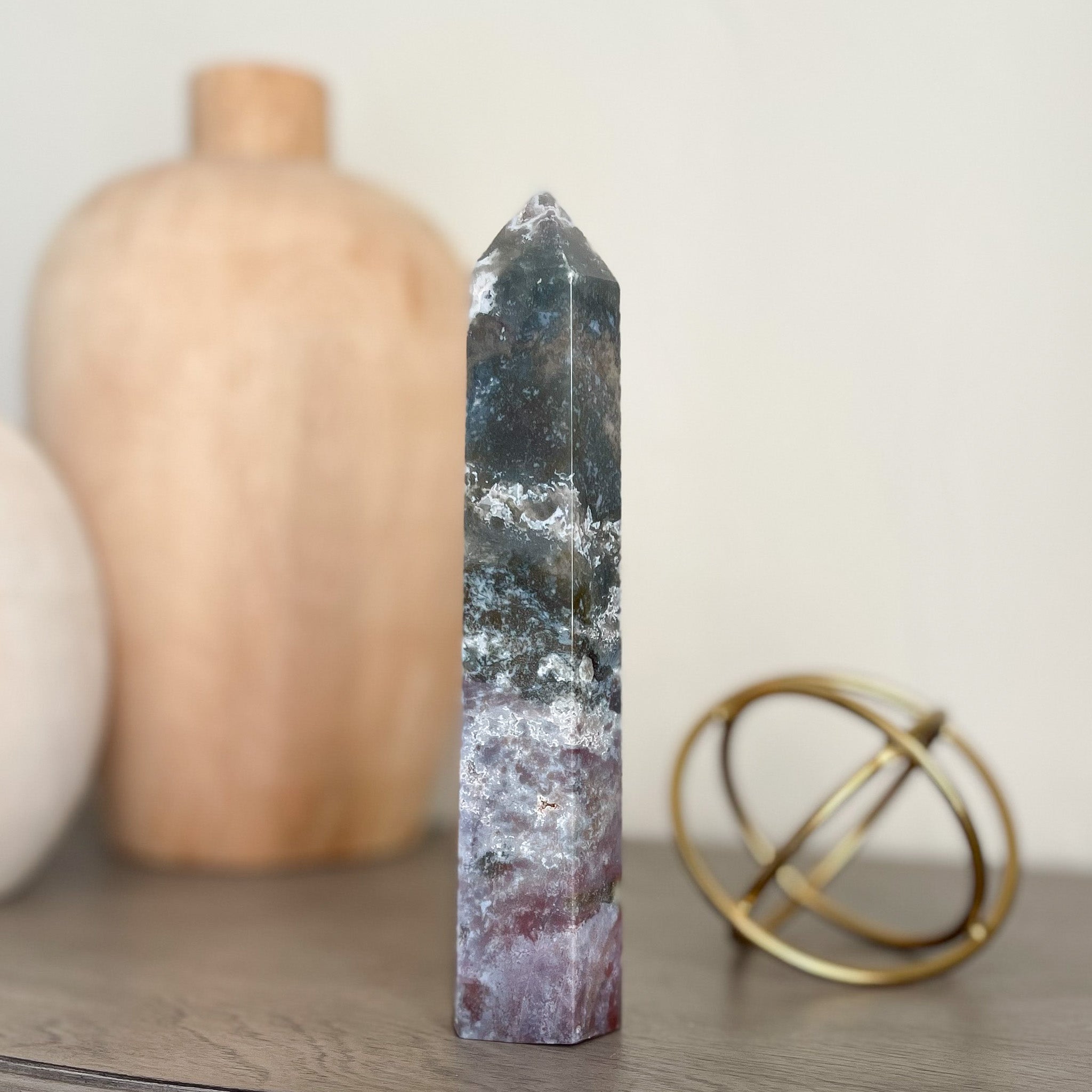moss agate crystal tower, healing crystal
