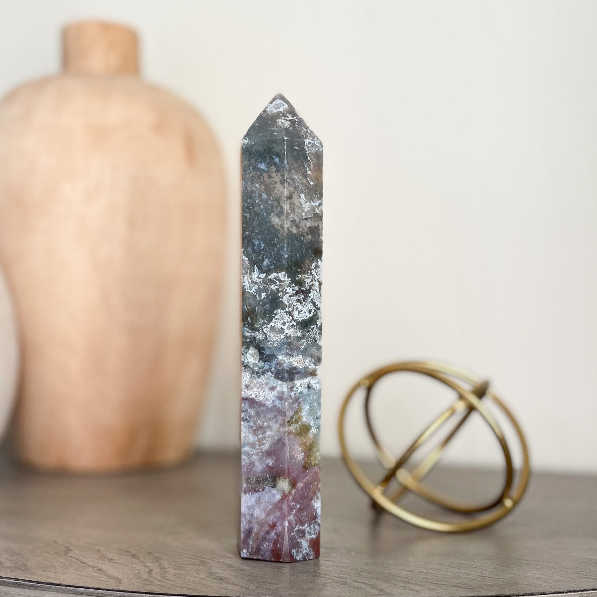 moss agate tower, crystal home decor