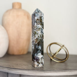moss agate crystal tower, crystal home decor