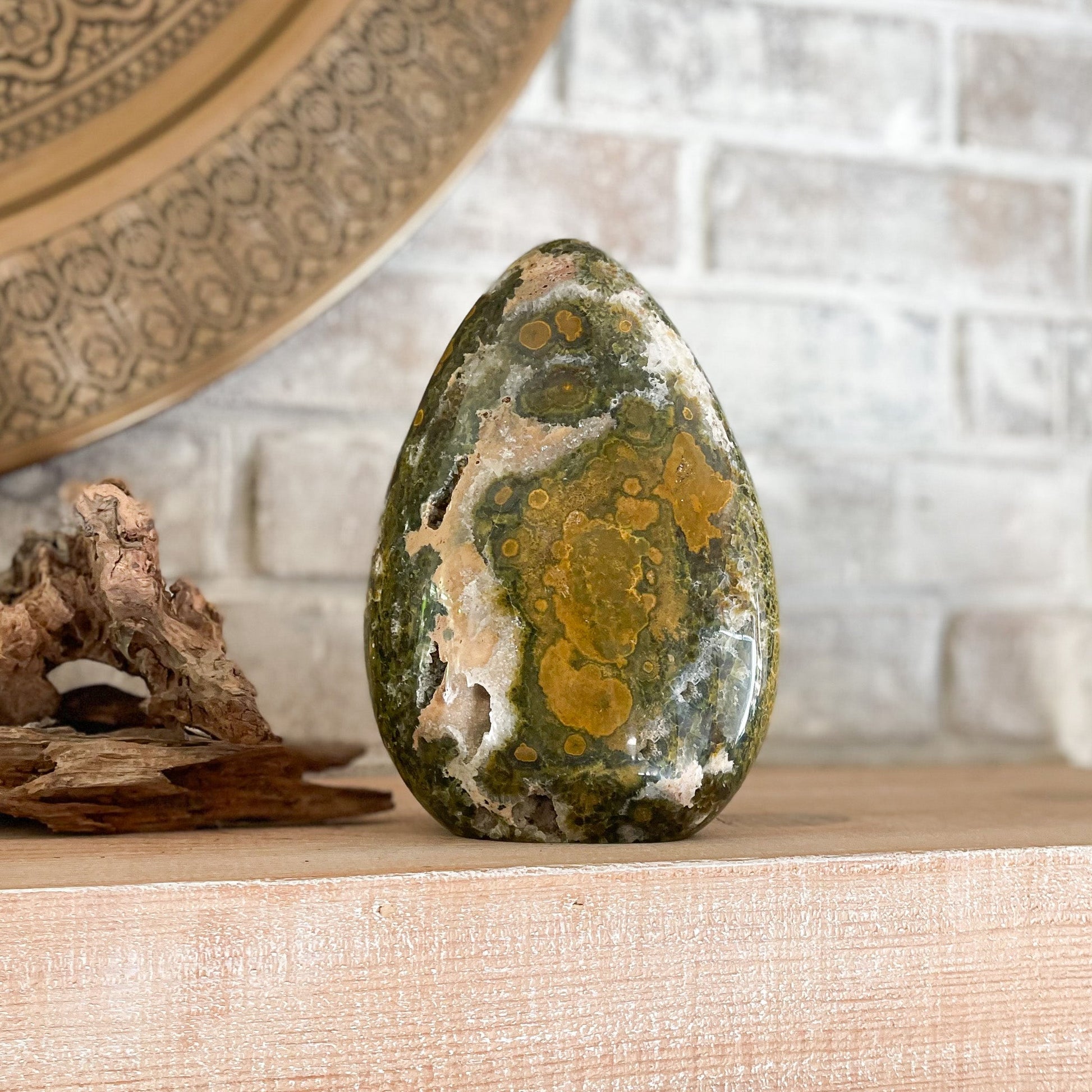 ocean jasper stone from madagascar, modern rustic bookshelf decor