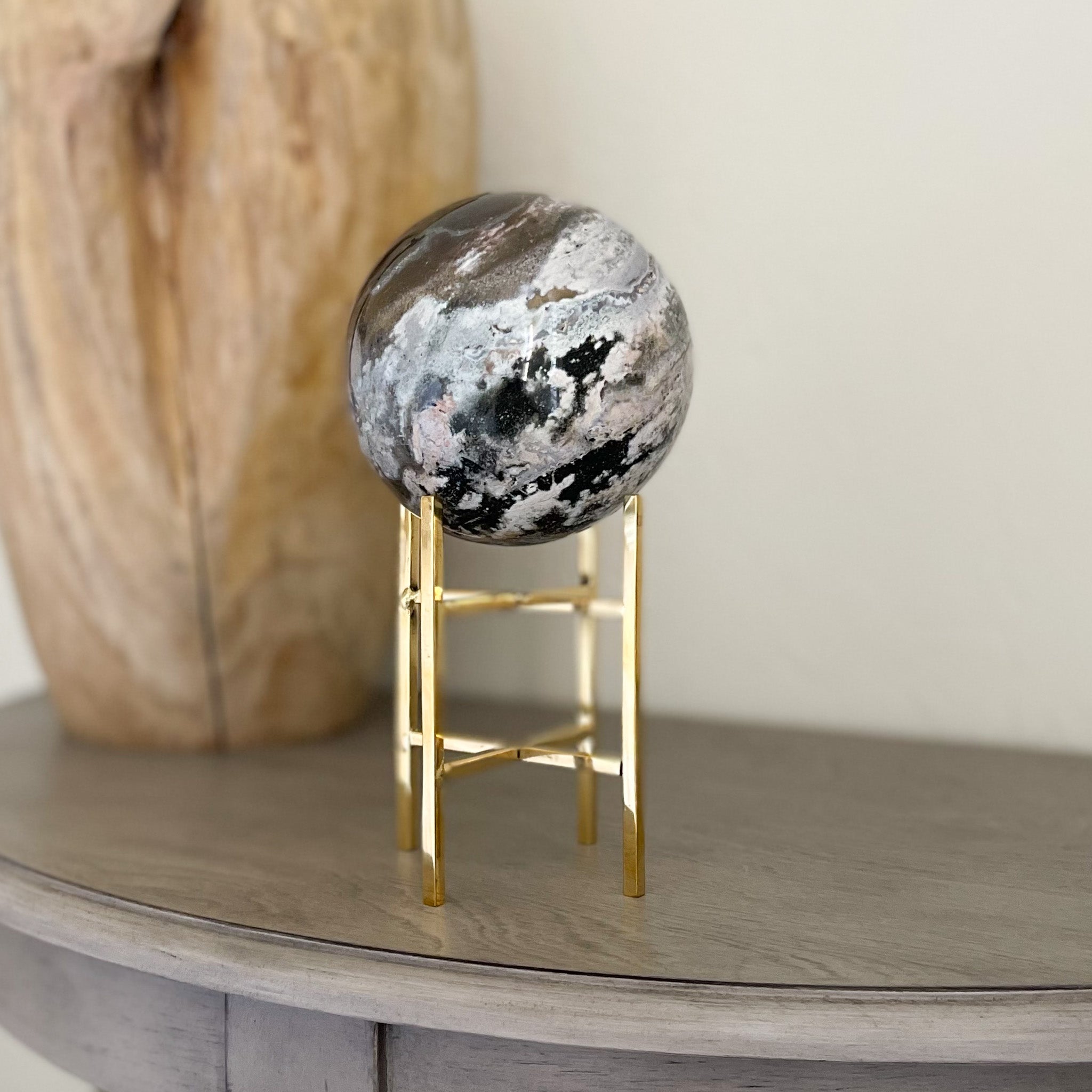 madagascar ocean jasper sphere on gold stand, natural home decor