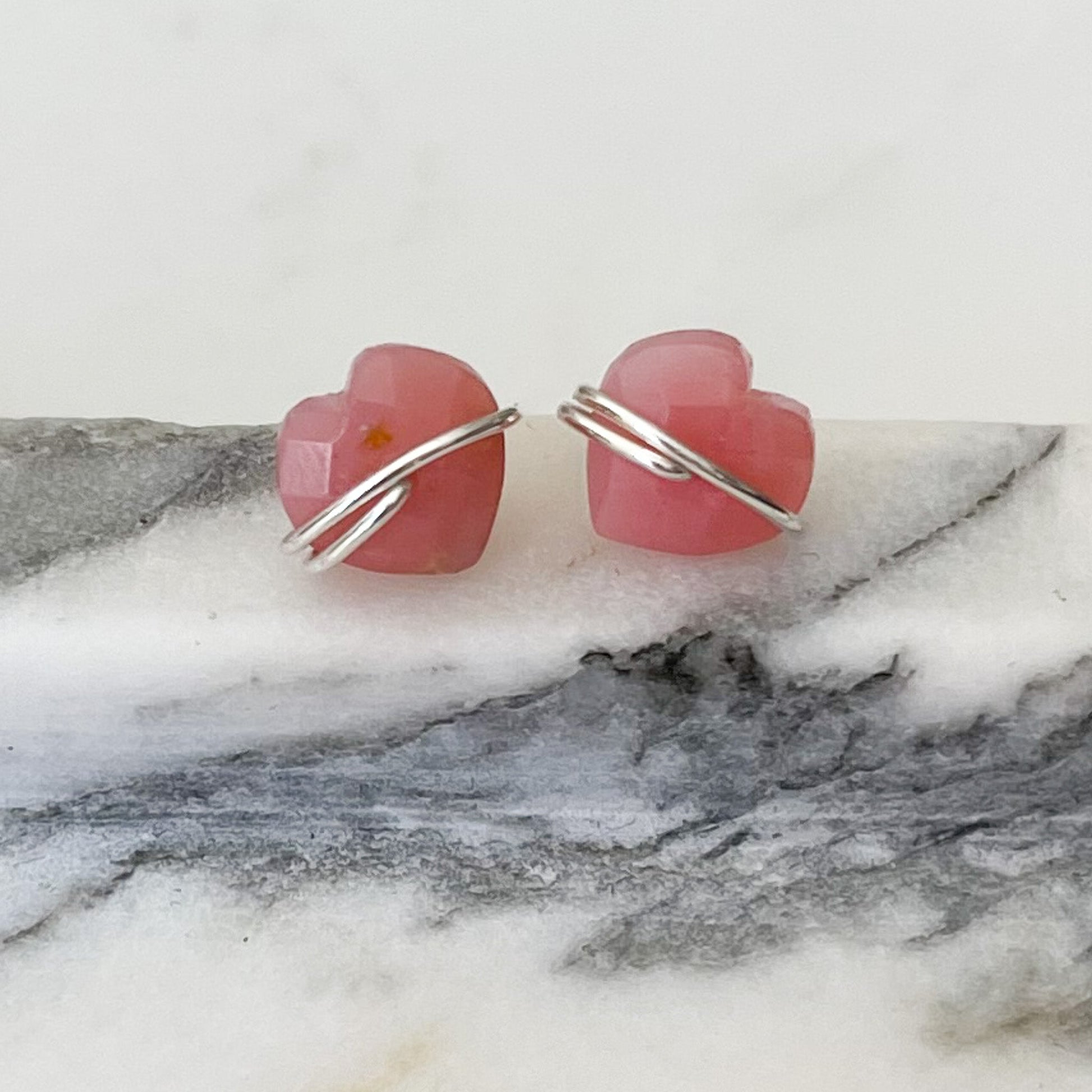 Pink Opal Heart Stud Earrings