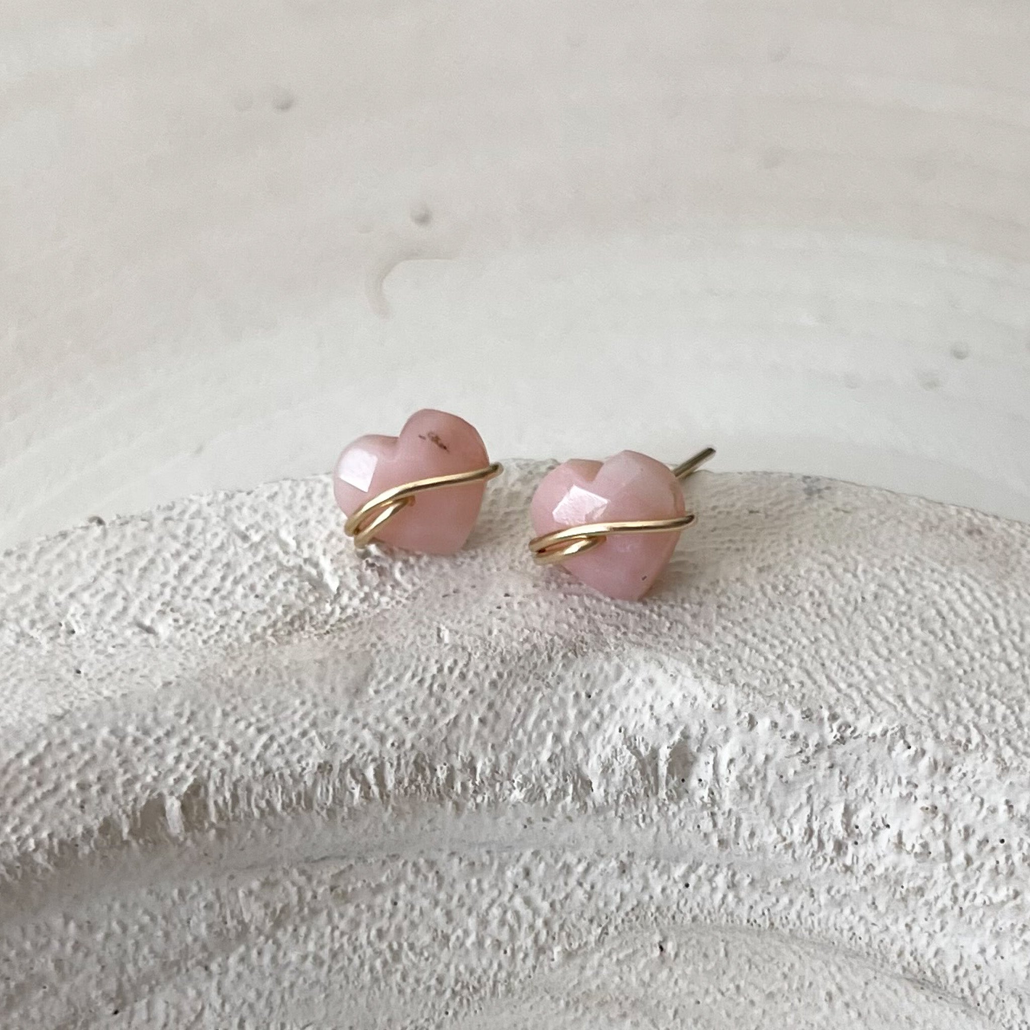 Pink Opal Heart Gold Stud Earrings