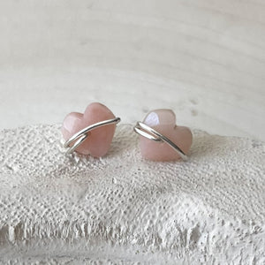 Open image in slideshow, Pink Opal Sterling Silver Heart Stud Earrings
