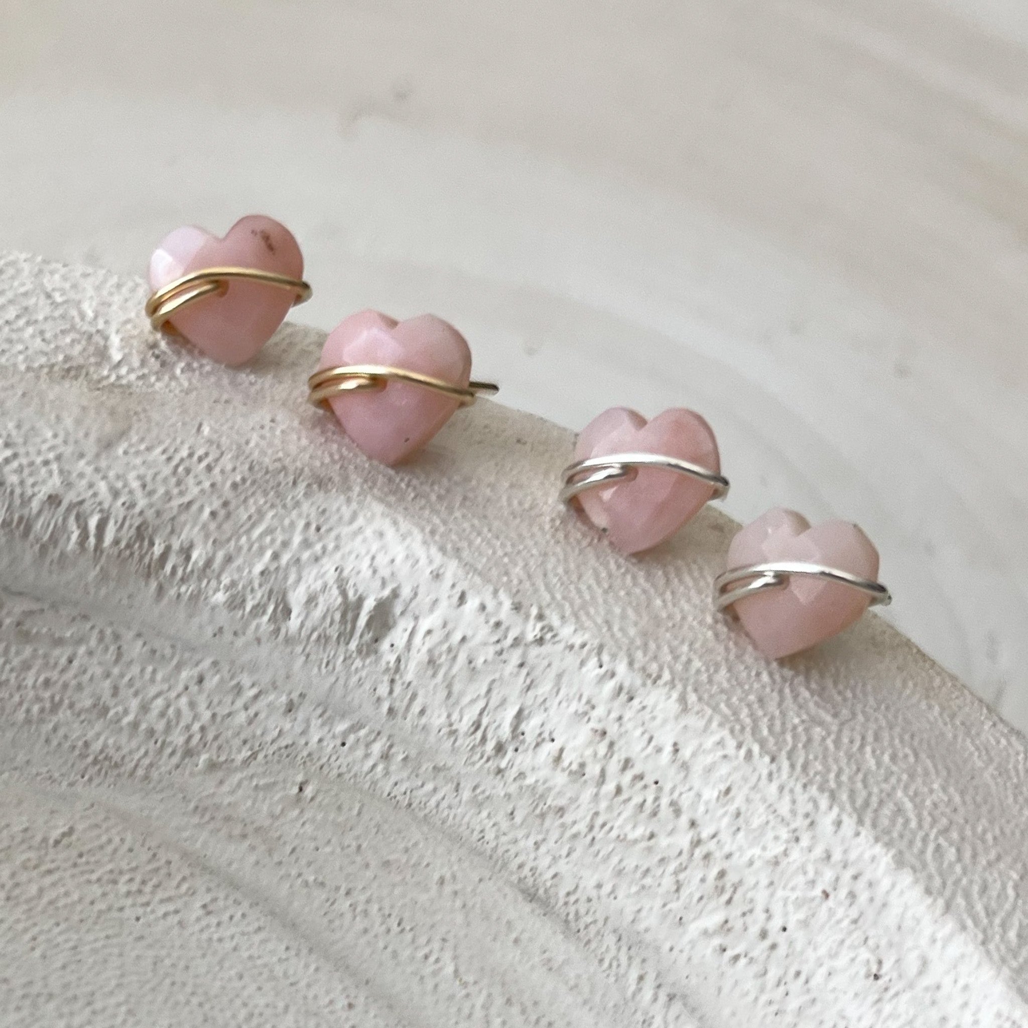 Pink Opal Heart Stud Earrings, Dainty Earrings, Pink Gemstone Earrings