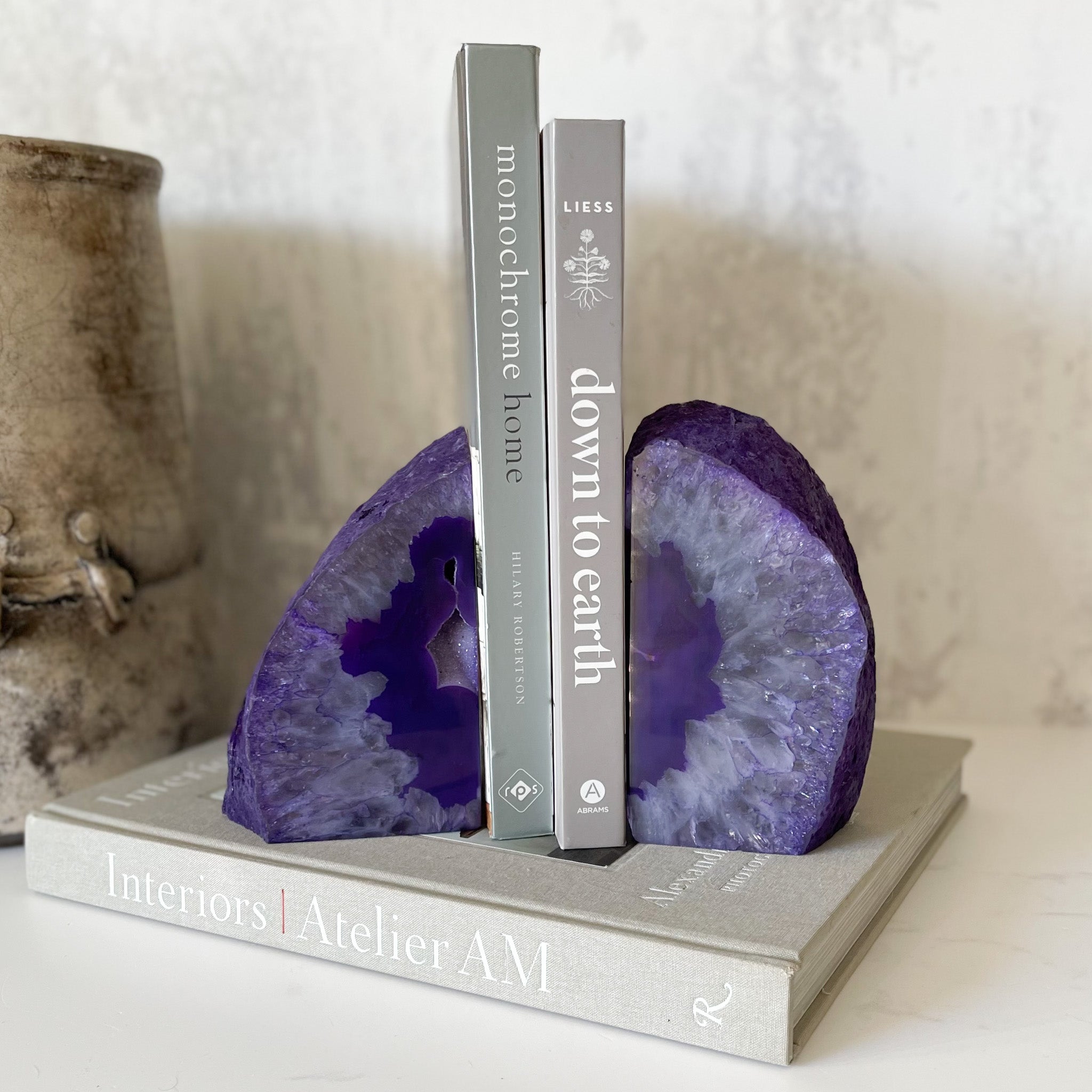 purple brazilian agate geode bookend pair, natural home accents, geode decor