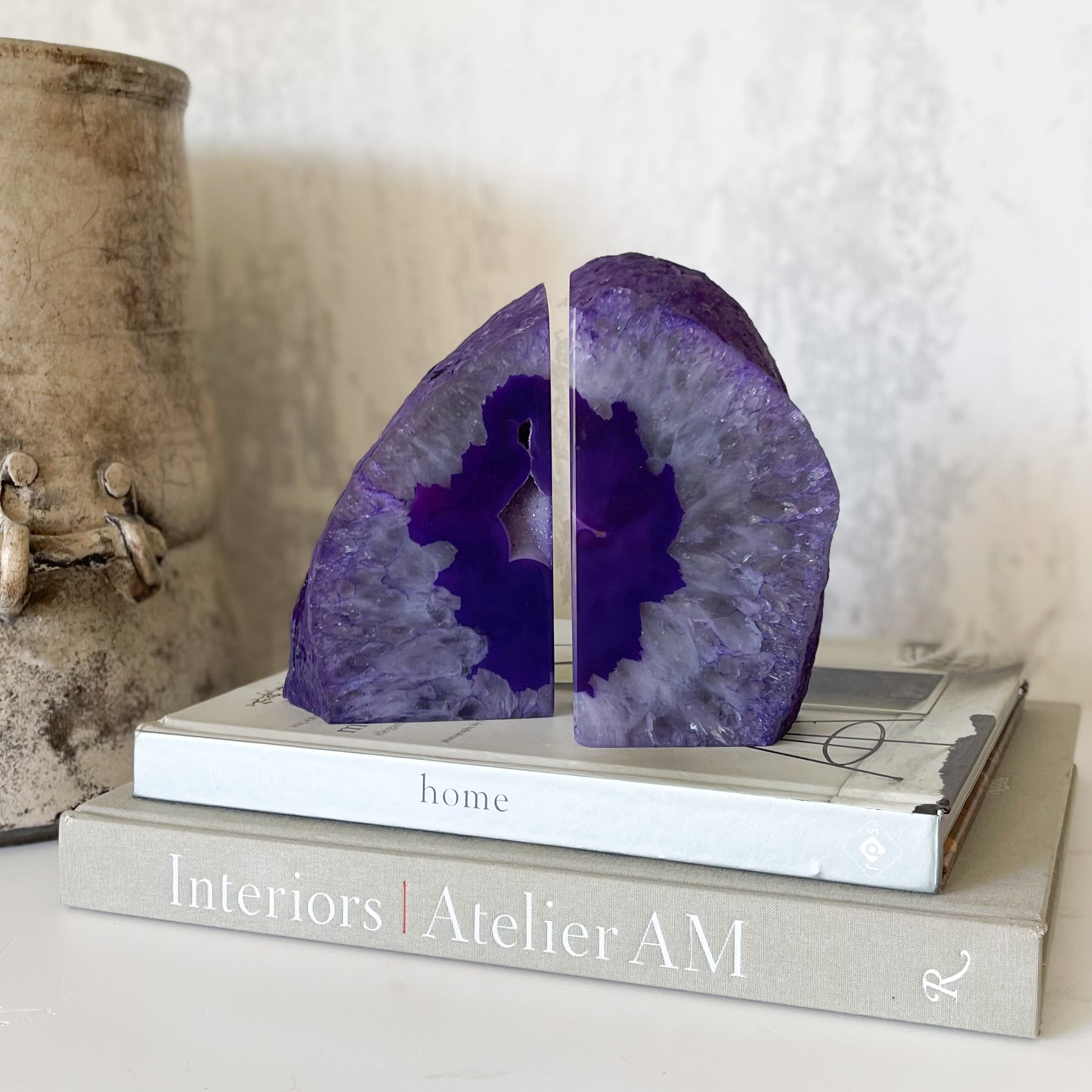 purple agate crystal bookends, geode bookends