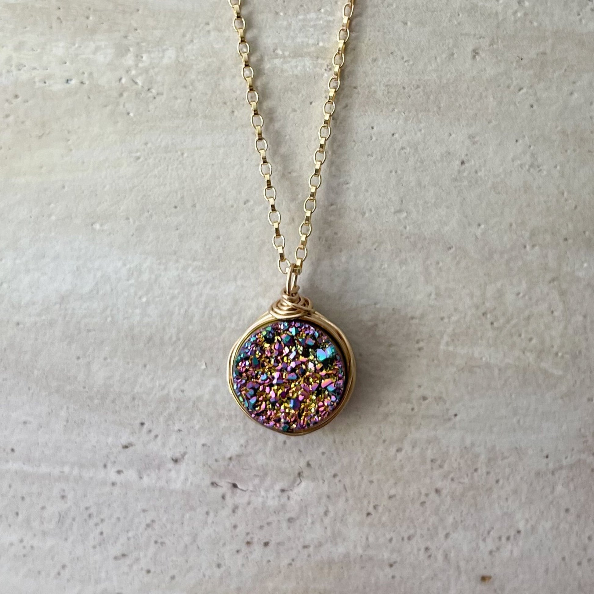 Rainbow Quartz Druzy Bezel Pendant Necklace