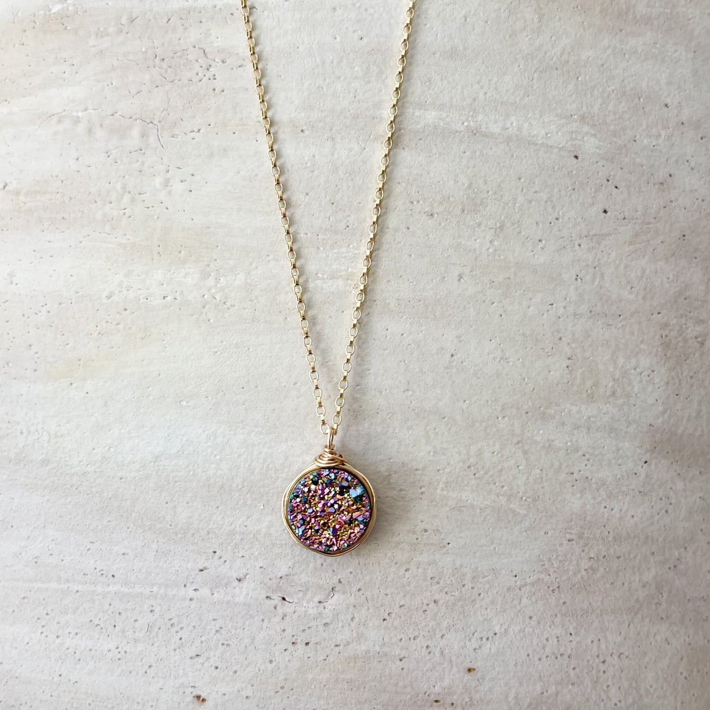 Rainbow Quartz Druzy Bezel Pendant Necklace