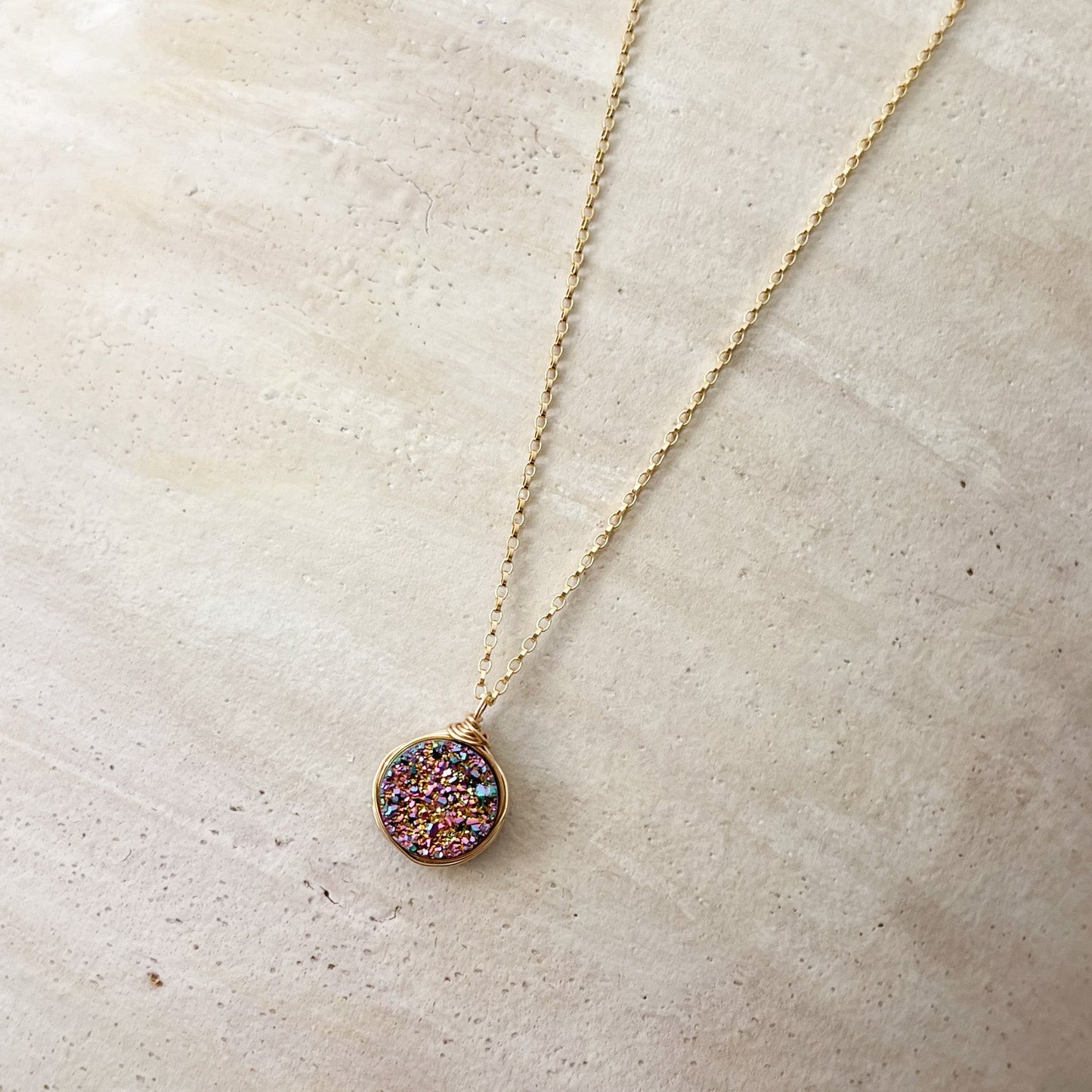 Rainbow Quartz Druzy Bezel Pendant Necklace
