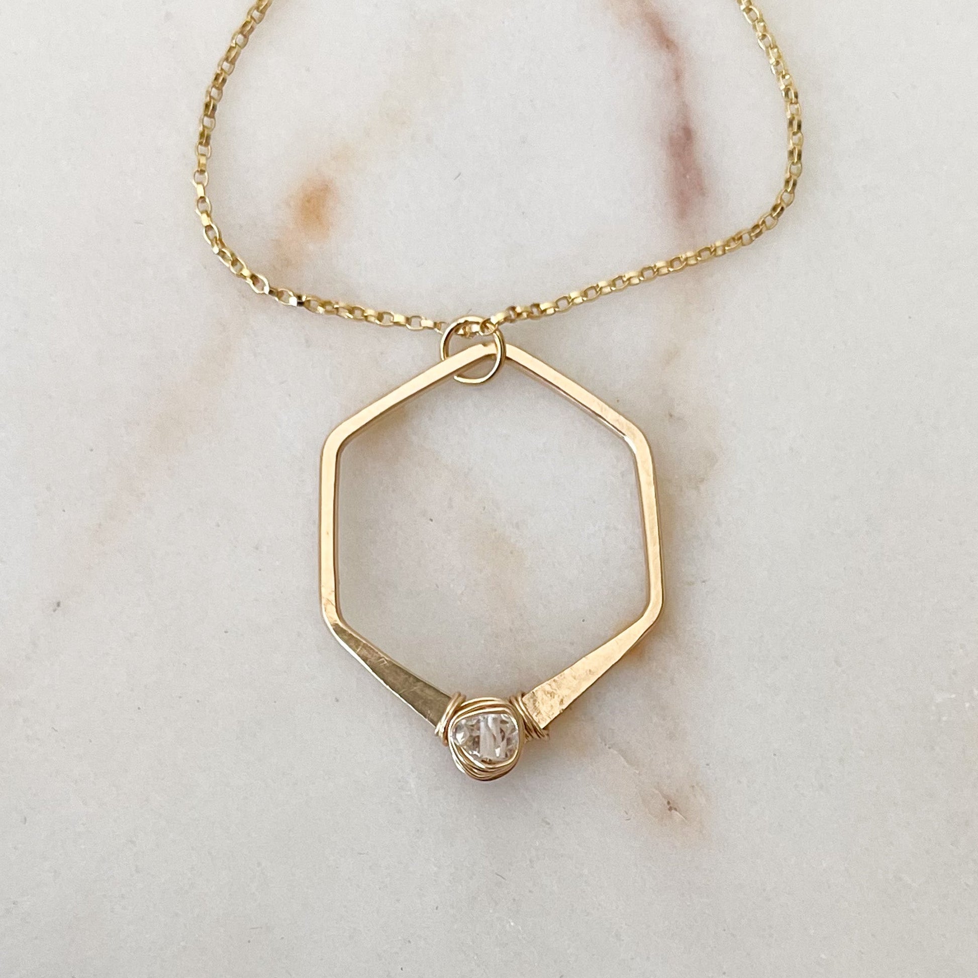 Herkimer Diamond Gold Hexagon Necklace, Handmade Herkimer Diamond Necklace, Boho Jewelry