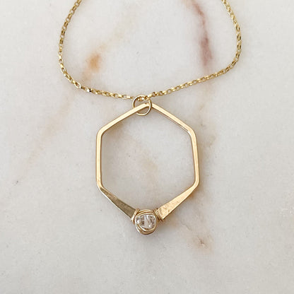 Herkimer Diamond Gold Hexagon Necklace, Handmade Herkimer Diamond Necklace, Boho Jewelry
