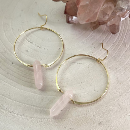 Rose Quartz Crystal Gold Hoop Earrings
