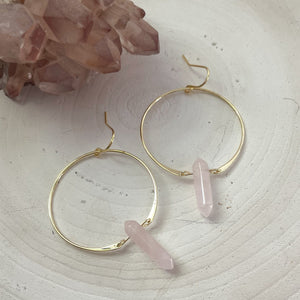 Rose Quartz Crystal Gold Hoop Earrings, Boho Earrings