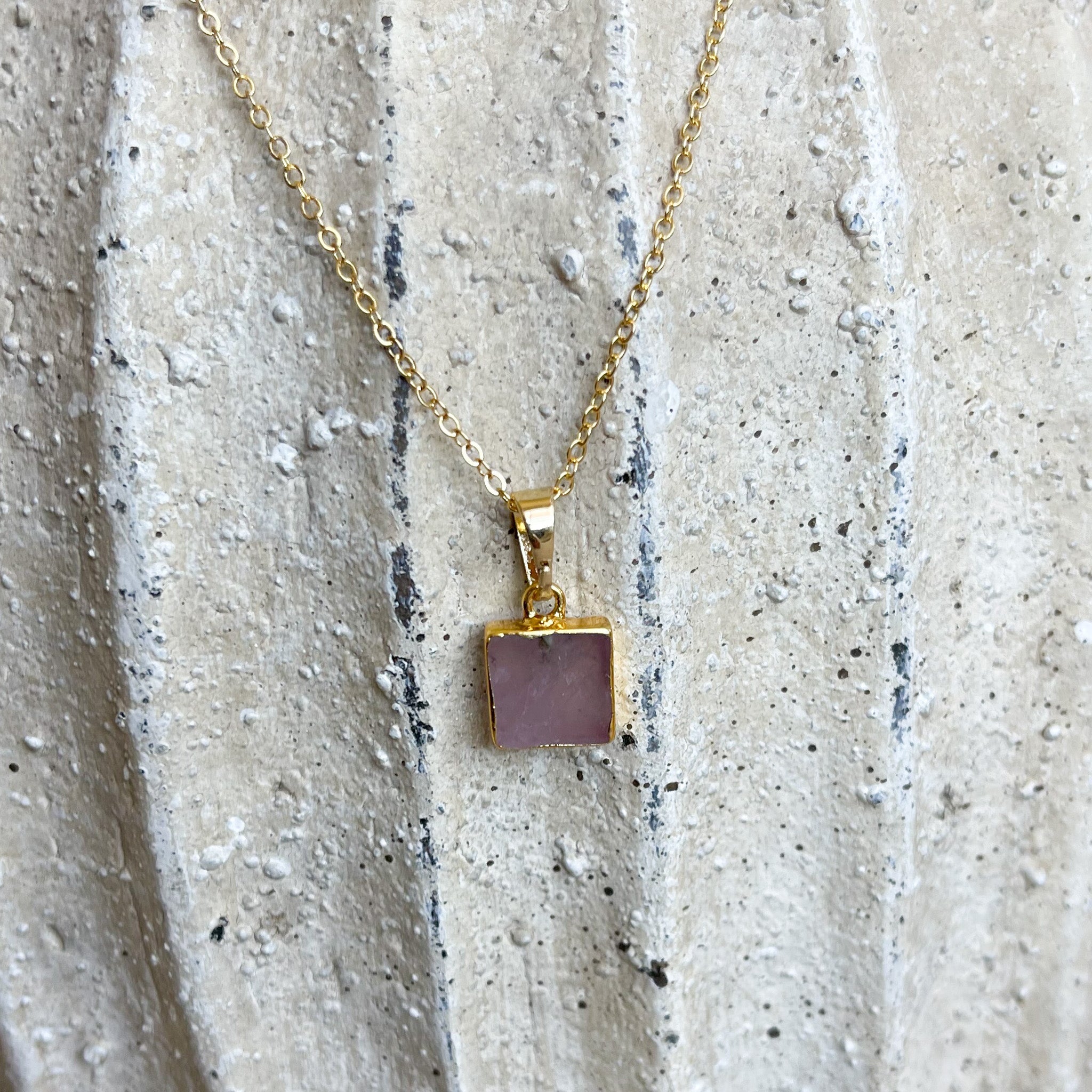 Rose Quartz Gold Square Pendant Necklace - Rare Earth Mercantile