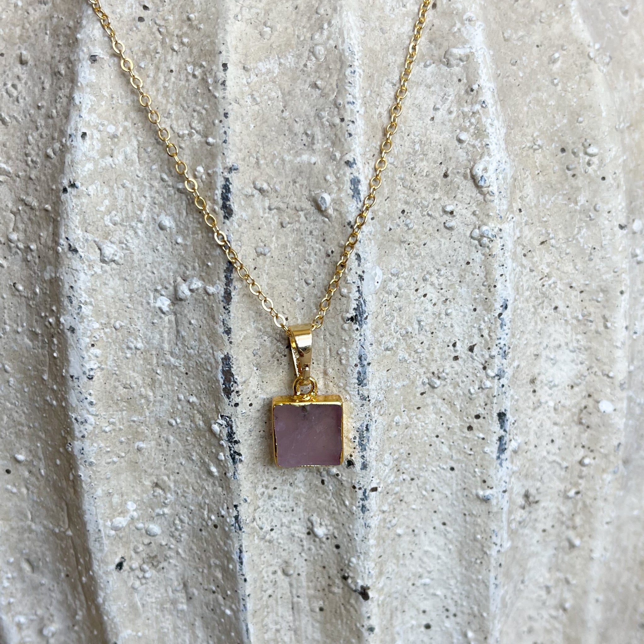 Rose Quartz Gold Square Pendant Necklace - Rare Earth Mercantile