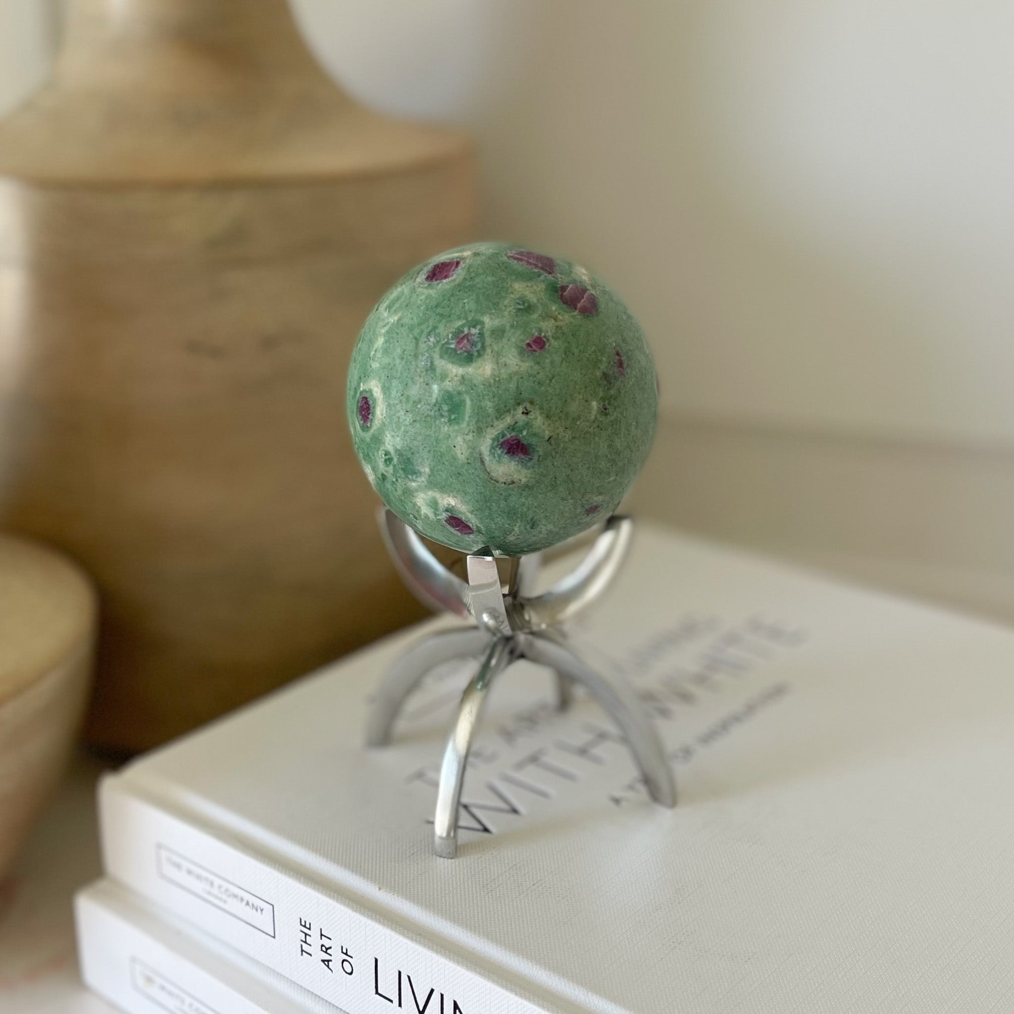 ruby fuchsite sphere on stand, natural home decor