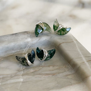 moss agate and sterling silver moon stud earrings, boho earrings